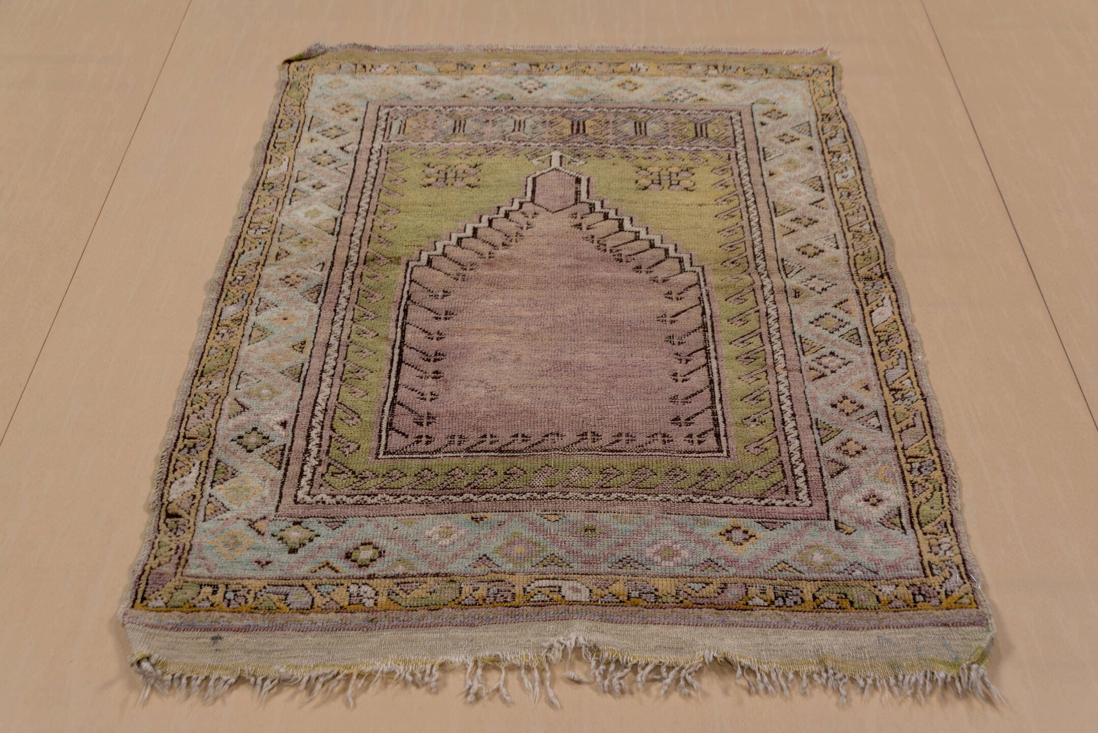 3' x 4' one-of-a-kind handmade vintage Mujjur small size rug. Color palette: rose, olive, ivory, taupe, sage, camel