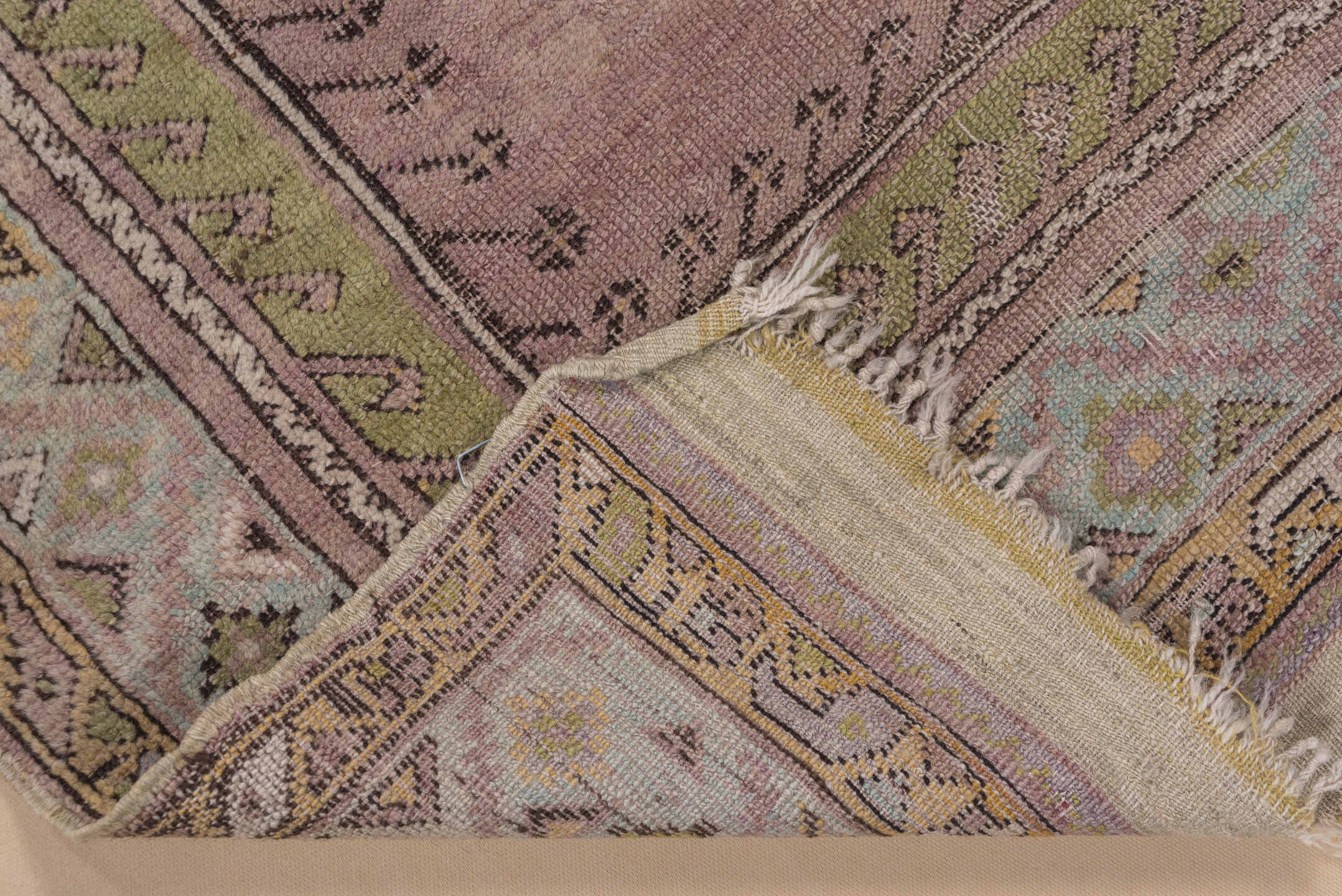 3' x 4' one-of-a-kind handmade vintage Mujjur small size rug. Color palette: rose, olive, ivory, taupe, sage, camel