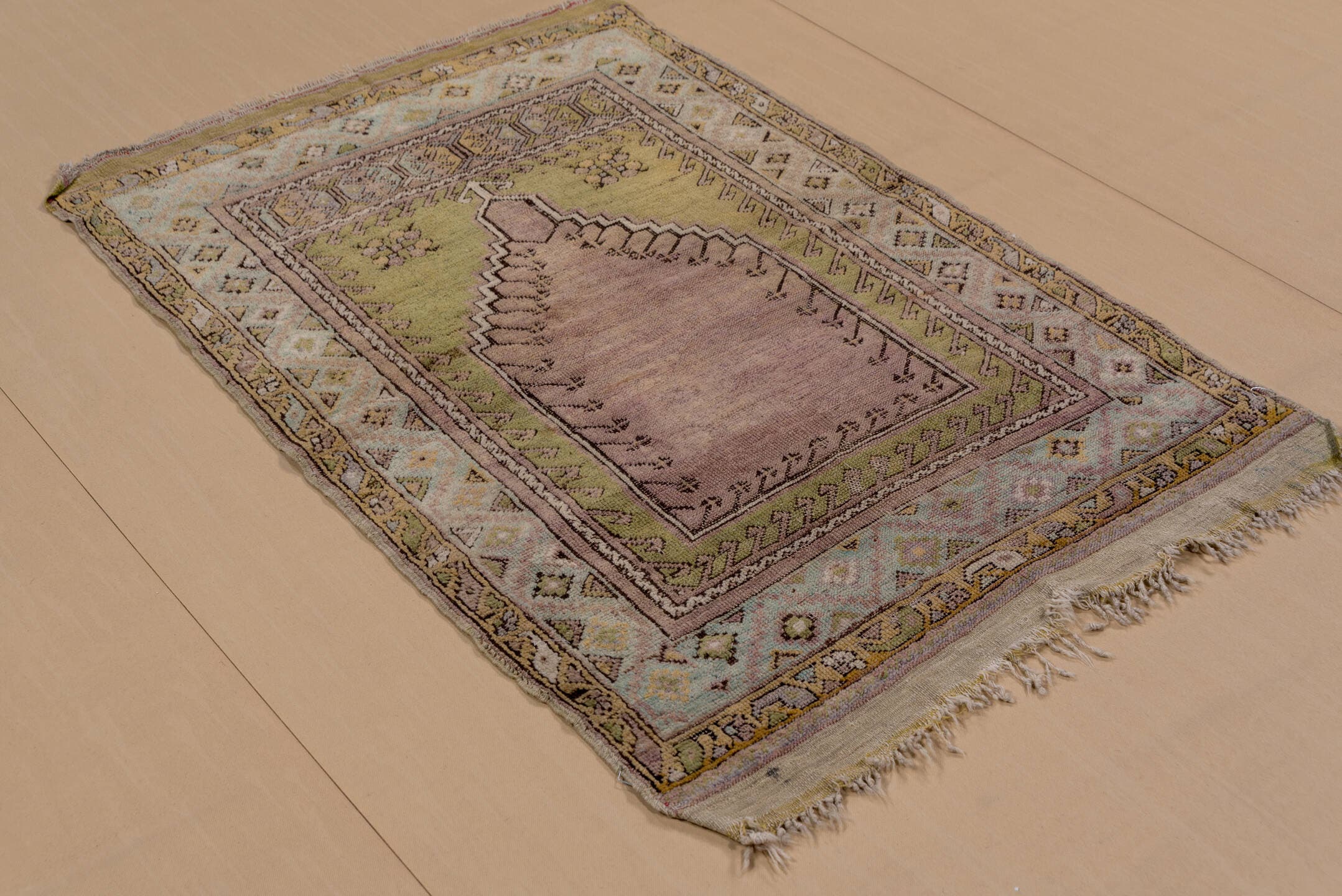3' x 4' one-of-a-kind handmade vintage Mujjur small size rug. Color palette: rose, olive, ivory, taupe, sage, camel