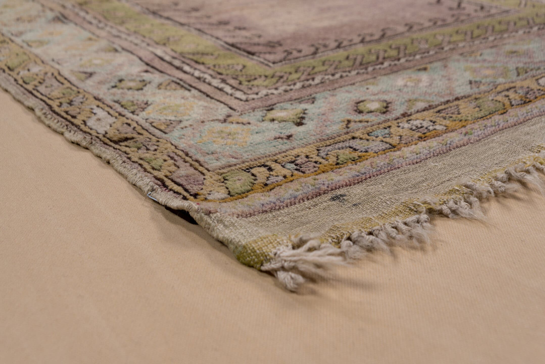 3' x 4' one-of-a-kind handmade vintage Mujjur small size rug. Color palette: rose, olive, ivory, taupe, sage, camel
