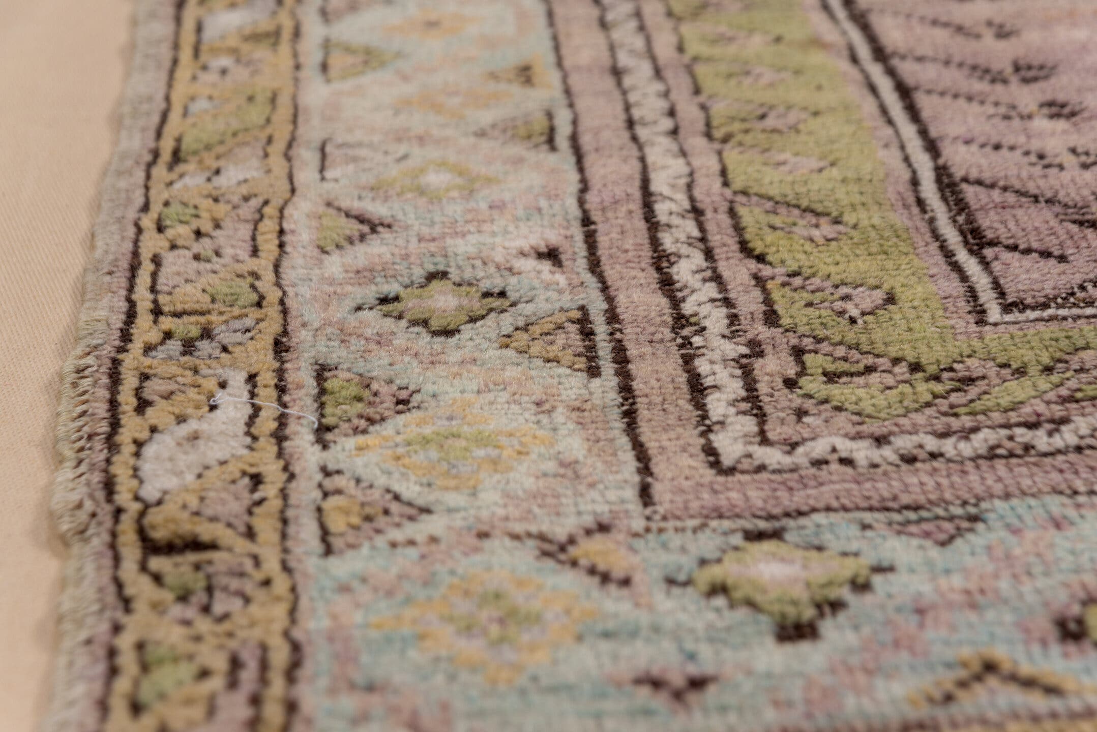 3' x 4' one-of-a-kind handmade vintage Mujjur small size rug. Color palette: rose, olive, ivory, taupe, sage, camel
