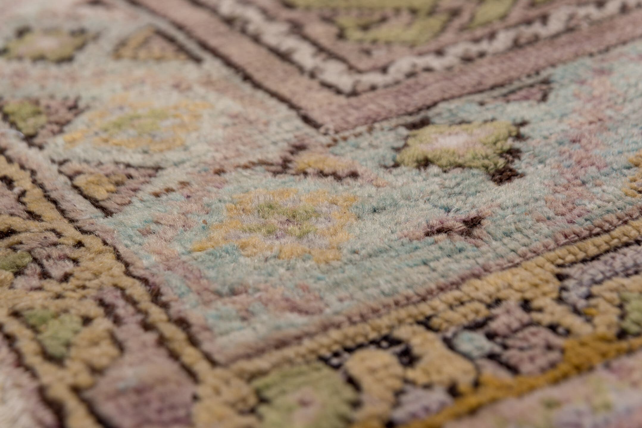 3' x 4' one-of-a-kind handmade vintage Mujjur small size rug. Color palette: rose, olive, ivory, taupe, sage, camel