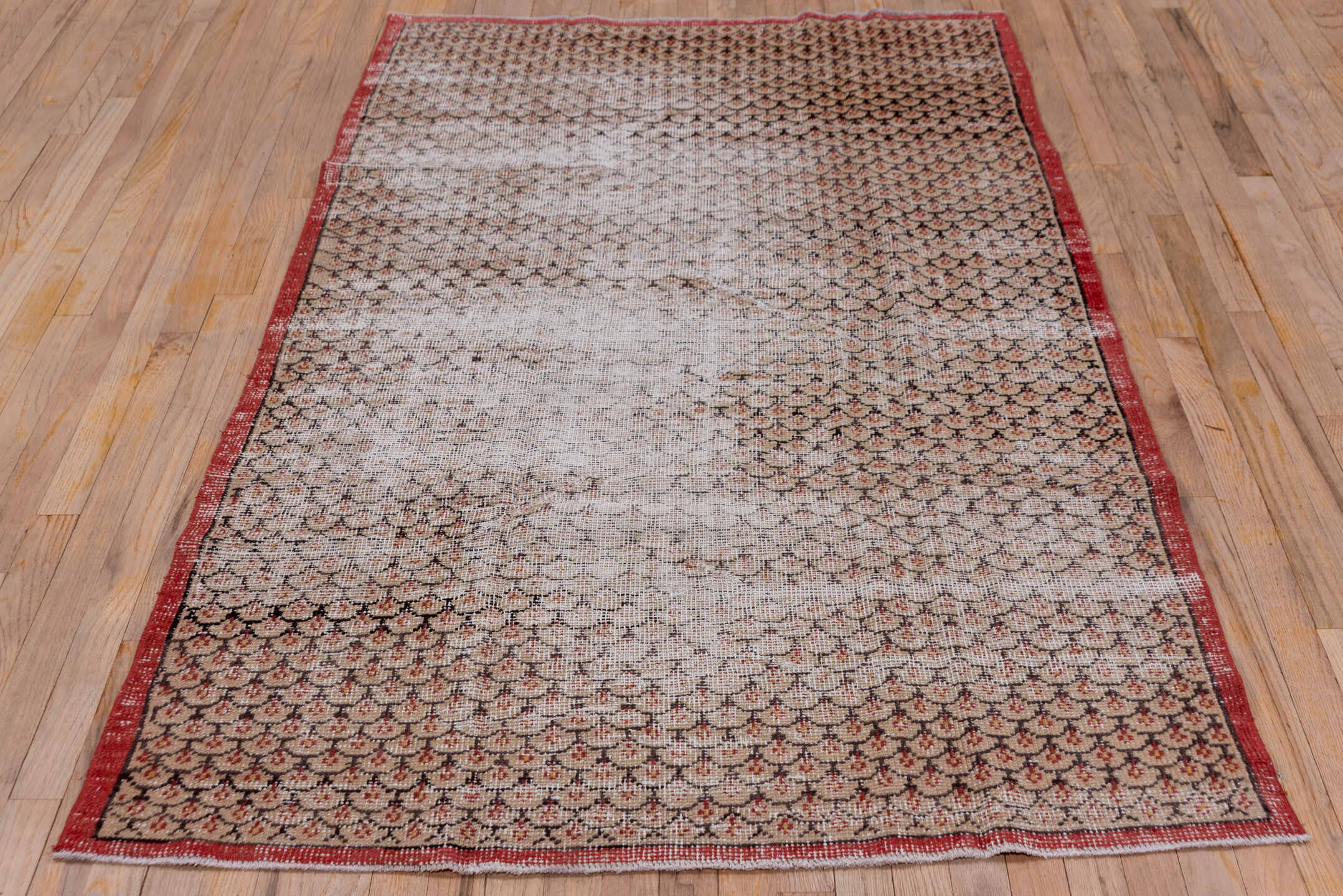 4' x 7' one-of-a-kind handmade vintage Oushak rug. Color palette: ivory, rust, charcoal, taupe, camel, terracotta, brown