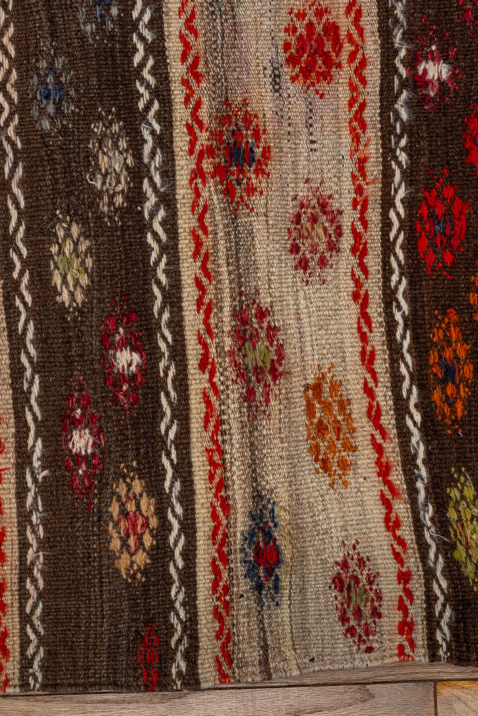2' x 3' one-of-a-kind handmade vintage Jijim small size rug. Color palette: ivory, brown, rust, crimson, blue, olive, orange