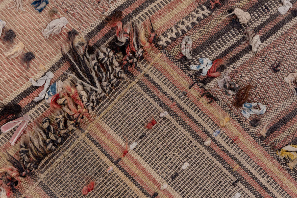 5' x 9' one-of-a-kind handmade vintage Kilim medium size rug. Color palette: taupe, brown, blush, charcoal, ivory, rust