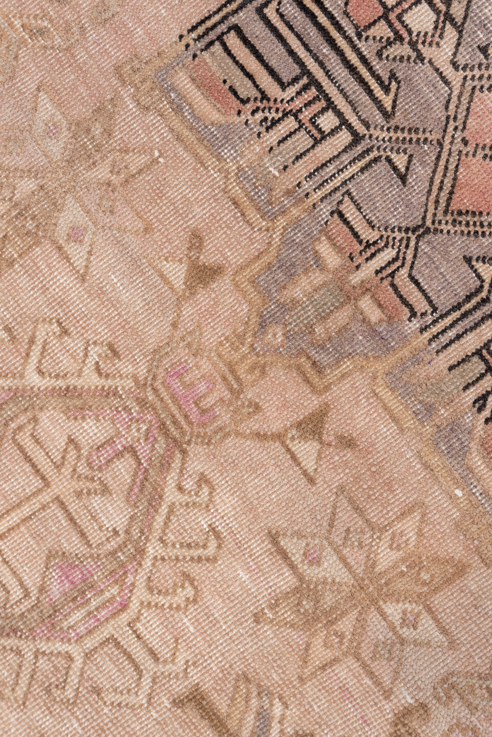 3' x 12' one-of-a-kind handmade vintage Heriz runner rug. Color palette: brown, gray, light gray, off-white, pink, snow