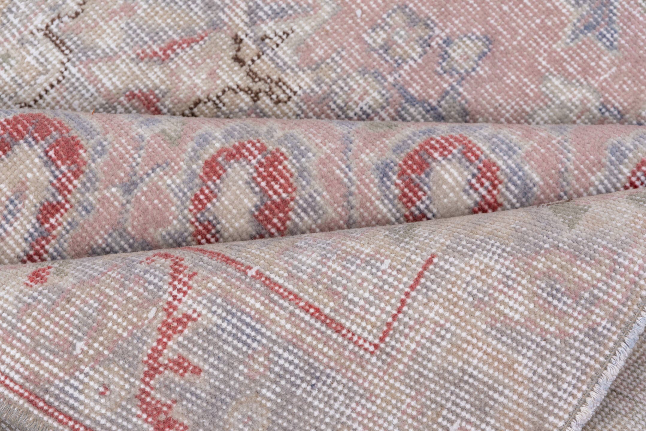 5' x 8' one-of-a-kind handmade vintage Oushak medium size rug. Color palette: blush, ivory, taupe, dusty rose, slate, sage