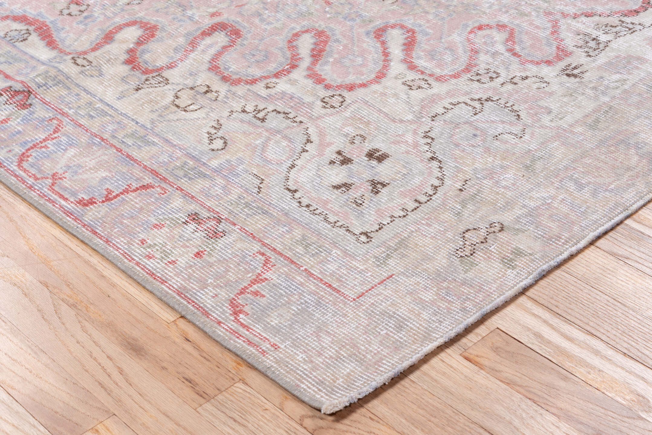 5' x 8' one-of-a-kind handmade vintage Oushak medium size rug. Color palette: blush, ivory, taupe, dusty rose, slate, sage