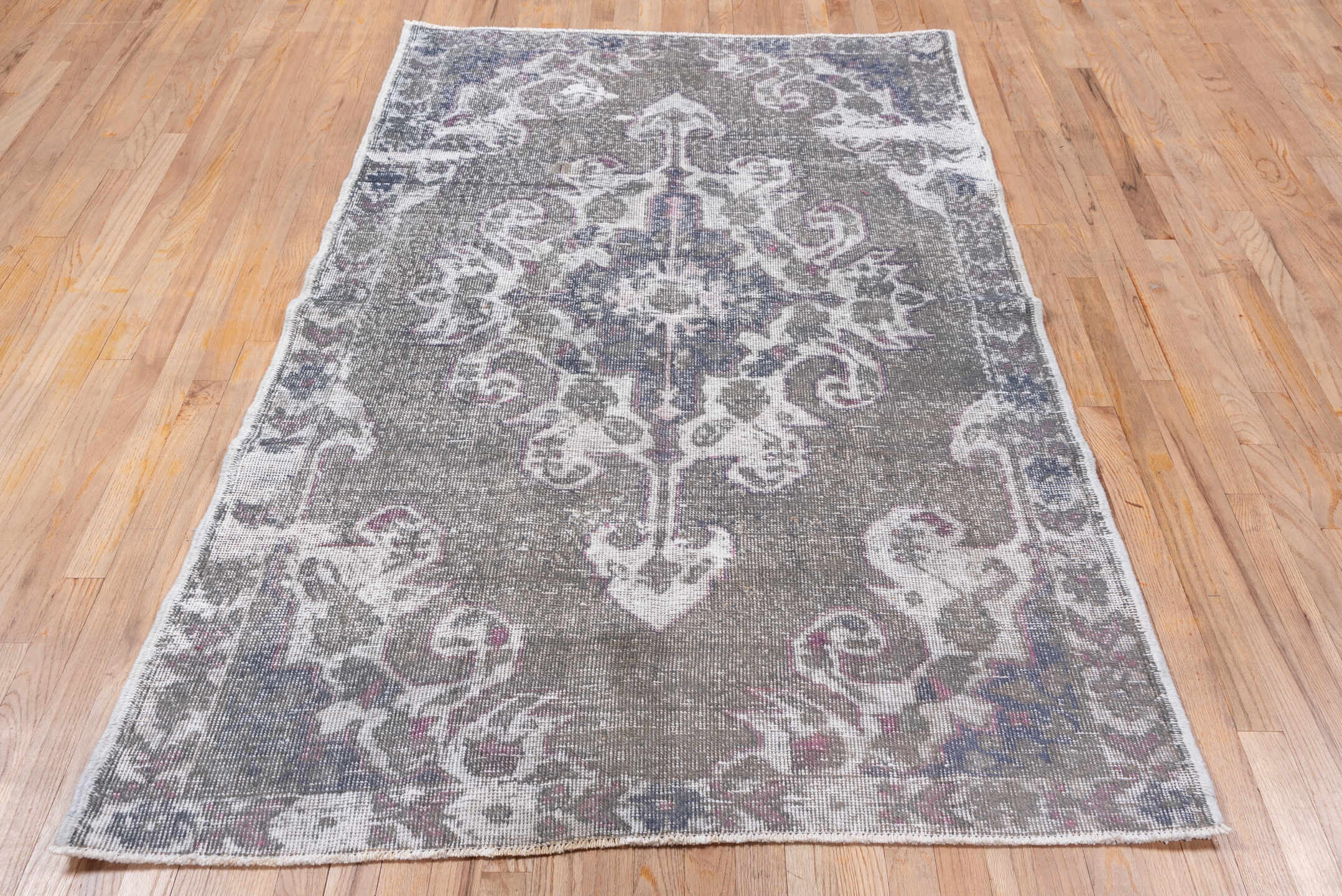 4' x 7' one-of-a-kind handmade vintage Oushak rug. Color palette: blue, dark gray, dim gray, gainsboro, gray, light gray