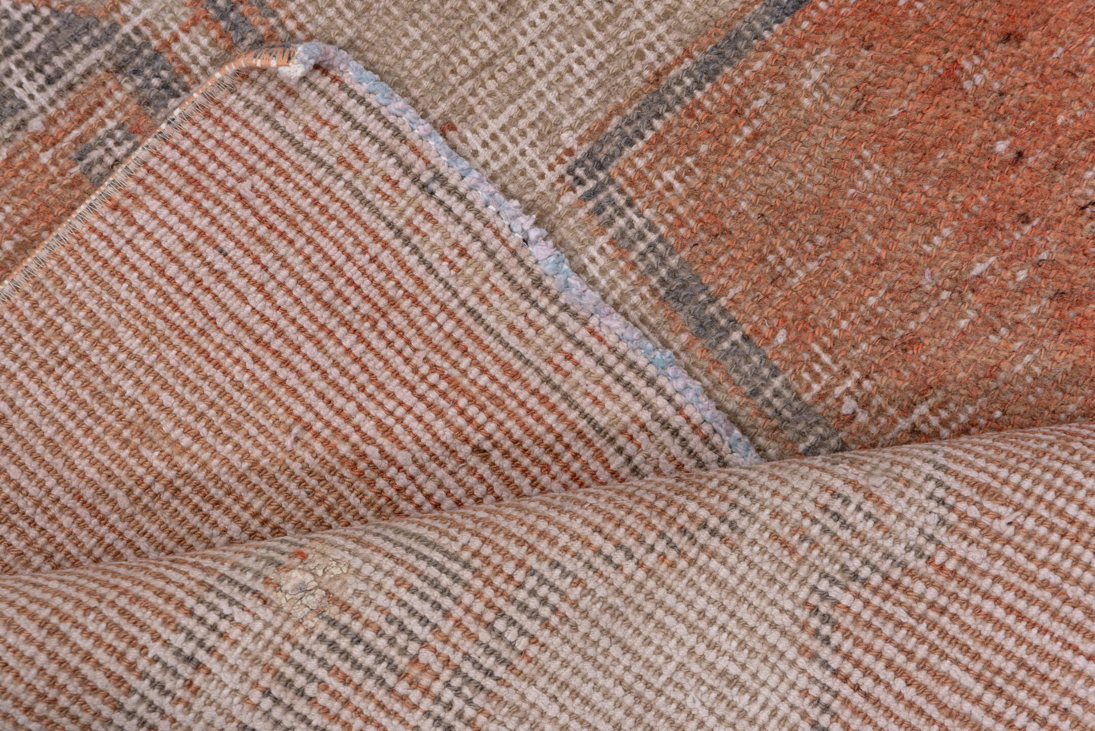 3' x 10' one-of-a-kind handmade vintage Oushak runner rug. Color palette: brown, gray, light gray, pink