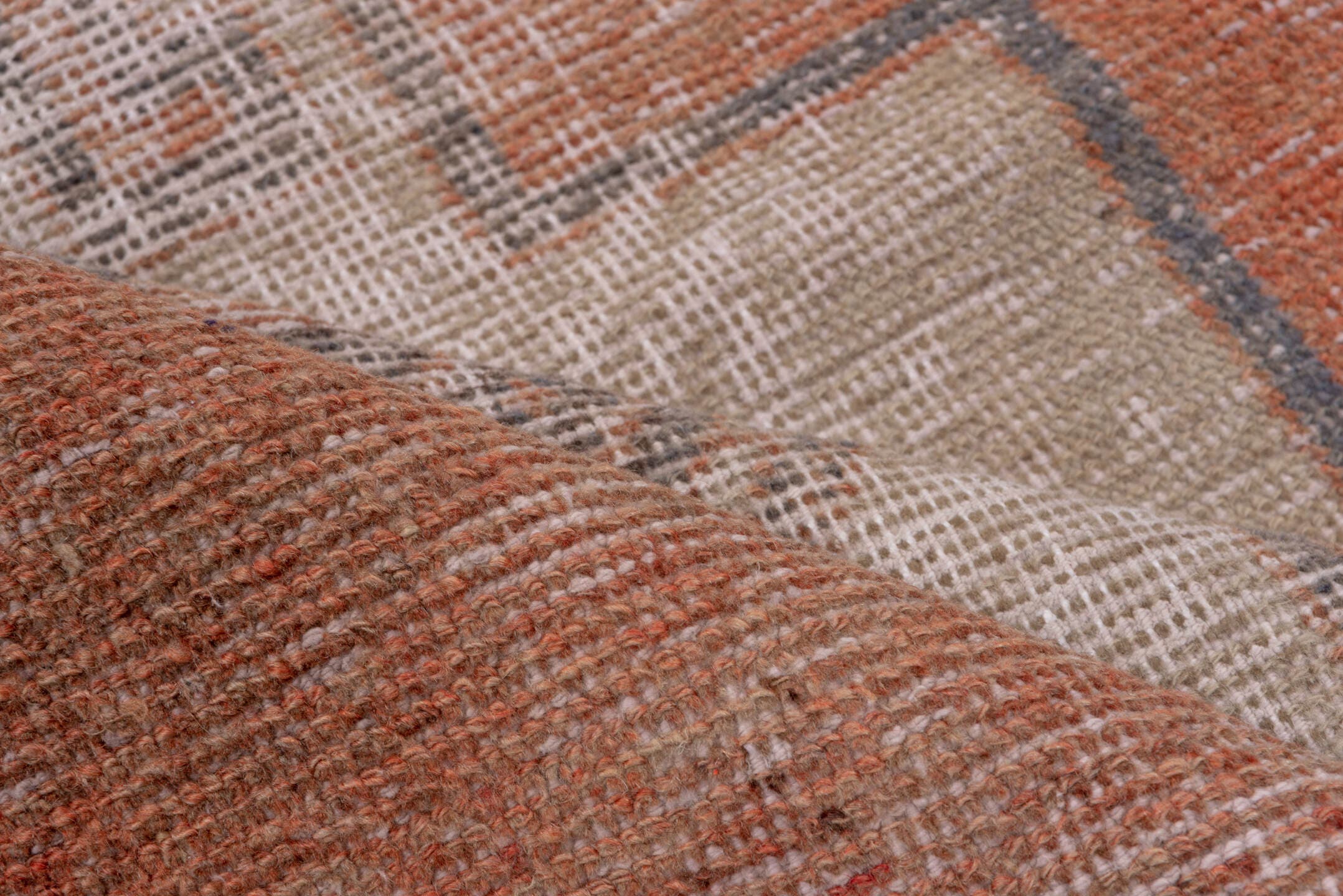 3' x 10' one-of-a-kind handmade vintage Oushak runner rug. Color palette: terra cotta, ivory, charcoal, taupe, rose