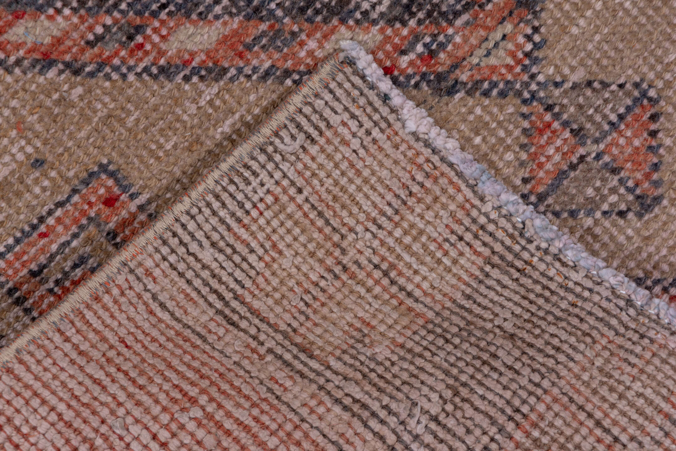 2' x 11' one-of-a-kind handmade vintage Oushak runner rug. Color palette: brown, gray, off-white, pink, red, snow, white