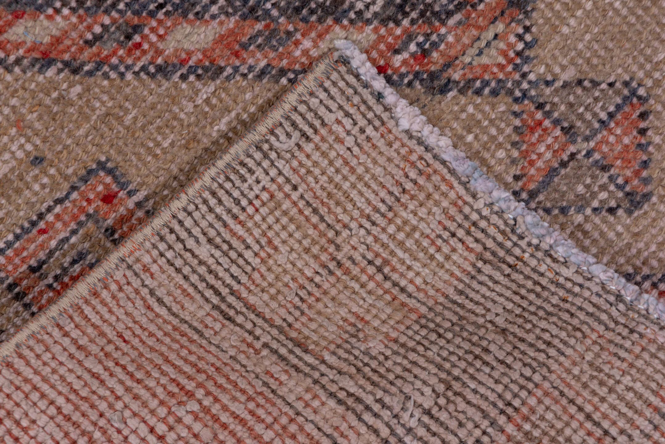 2' x 11' one-of-a-kind handmade vintage Oushak runner rug. Color palette: coral, taupe, slate, rose, ivory, terracotta