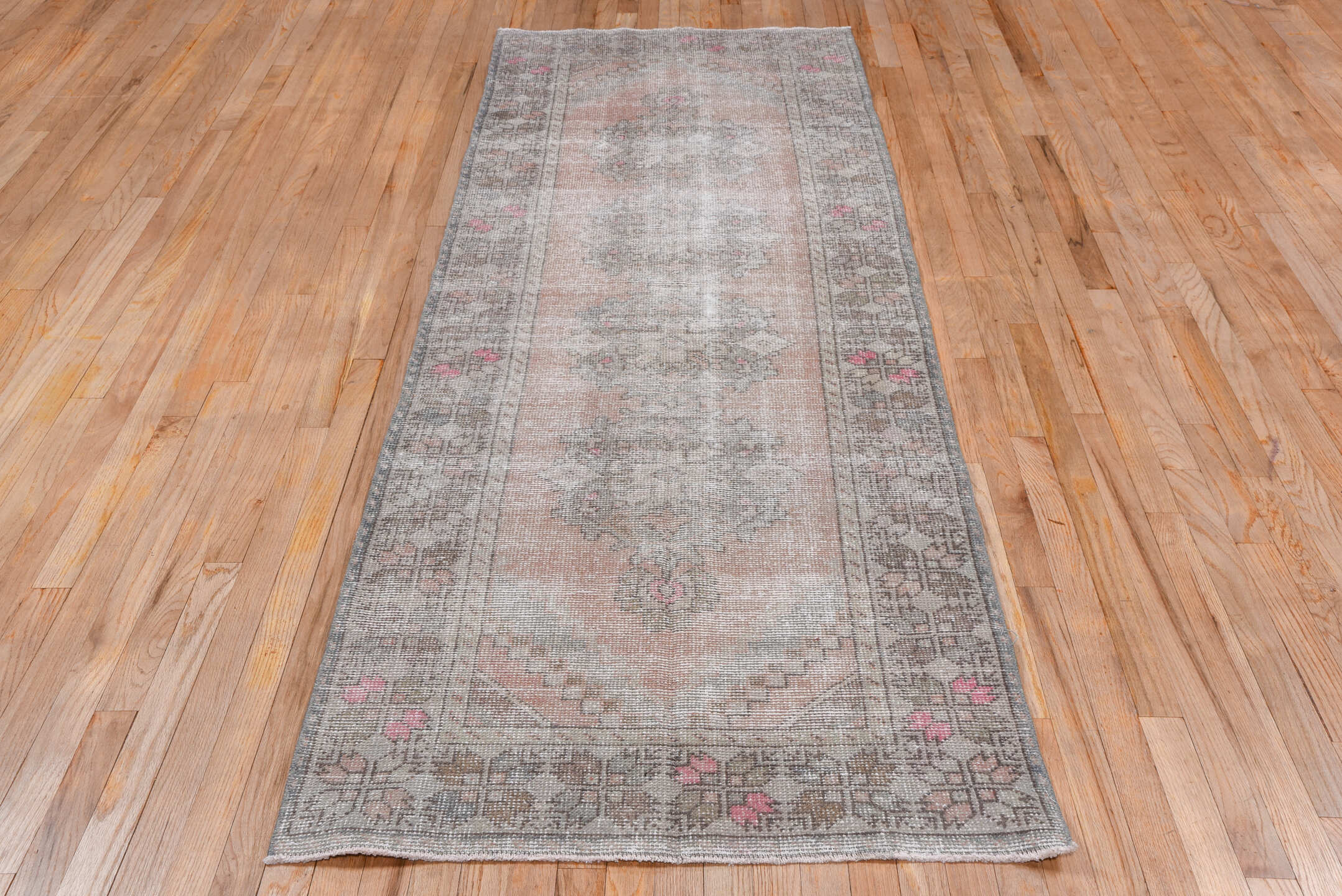 3' x 9' one-of-a-kind handmade vintage Oushak runner rug. Color palette: taupe, blush, ivory, rose, gray, brown, beige, pink