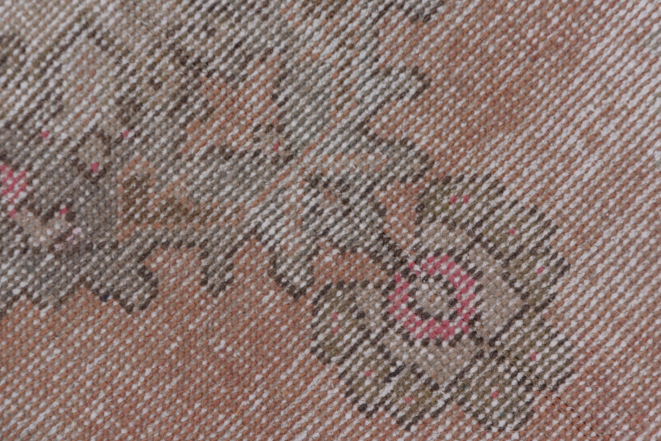 3' x 9' one-of-a-kind handmade vintage Oushak runner rug. Color palette: taupe, blush, ivory, rose, gray, brown, beige, pink