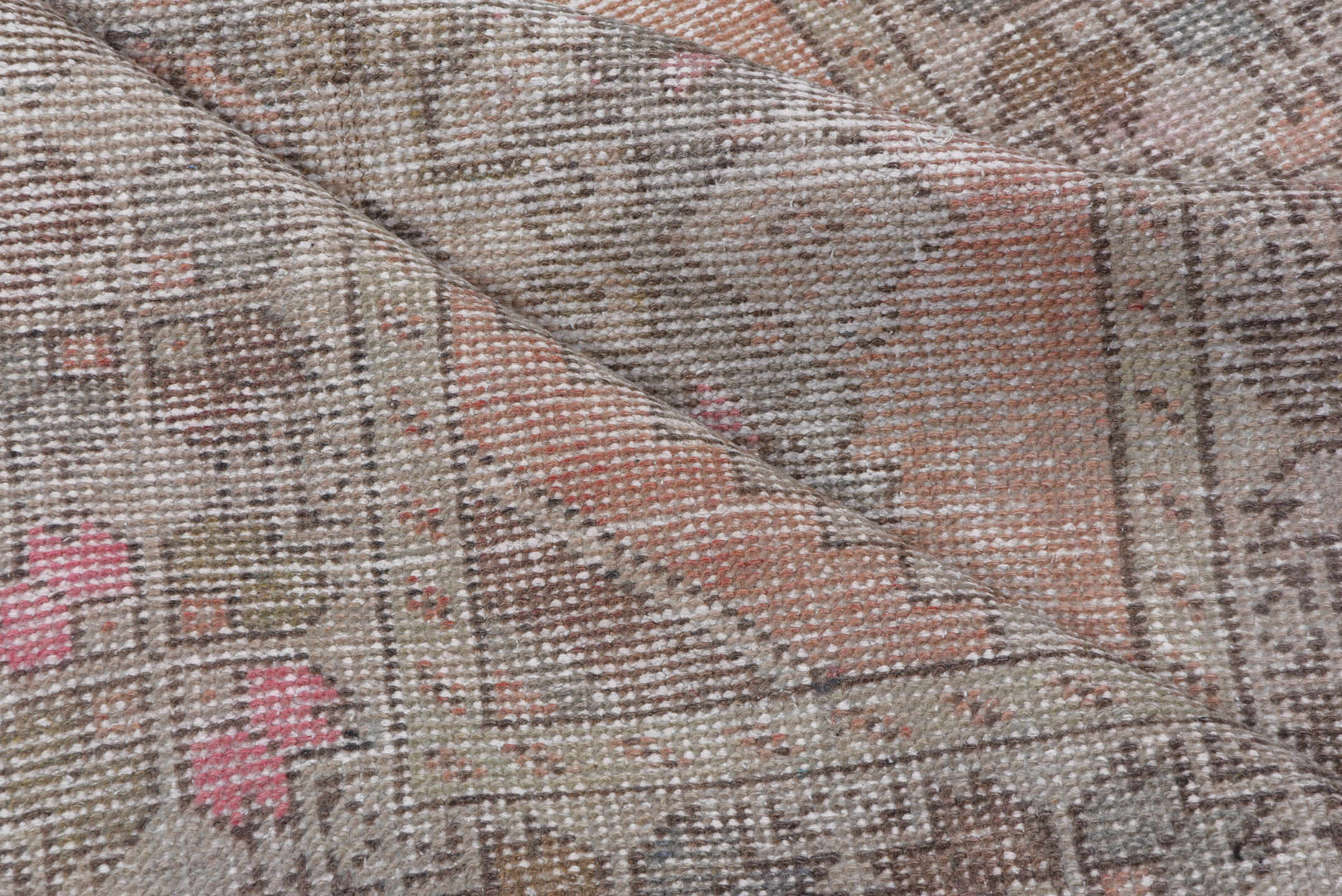 3' x 9' one-of-a-kind handmade vintage Oushak runner rug. Color palette: taupe, blush, ivory, rose, gray, brown, beige, pink