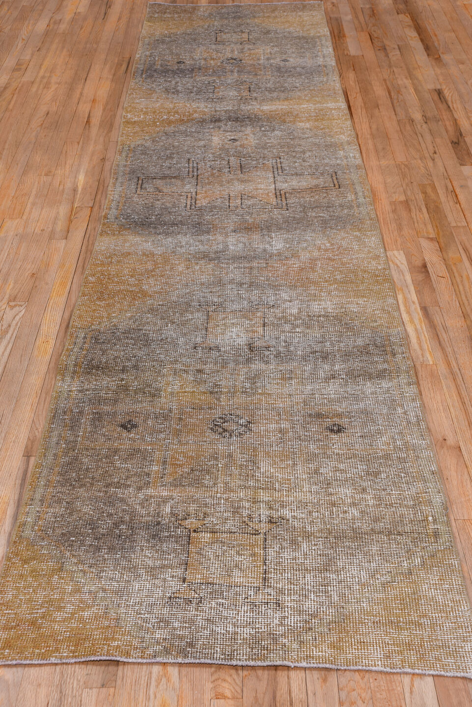 3' x 12' one-of-a-kind handmade vintage Oushak runner rug. Color palette: taupe, camel, beige, ivory, greige, gray