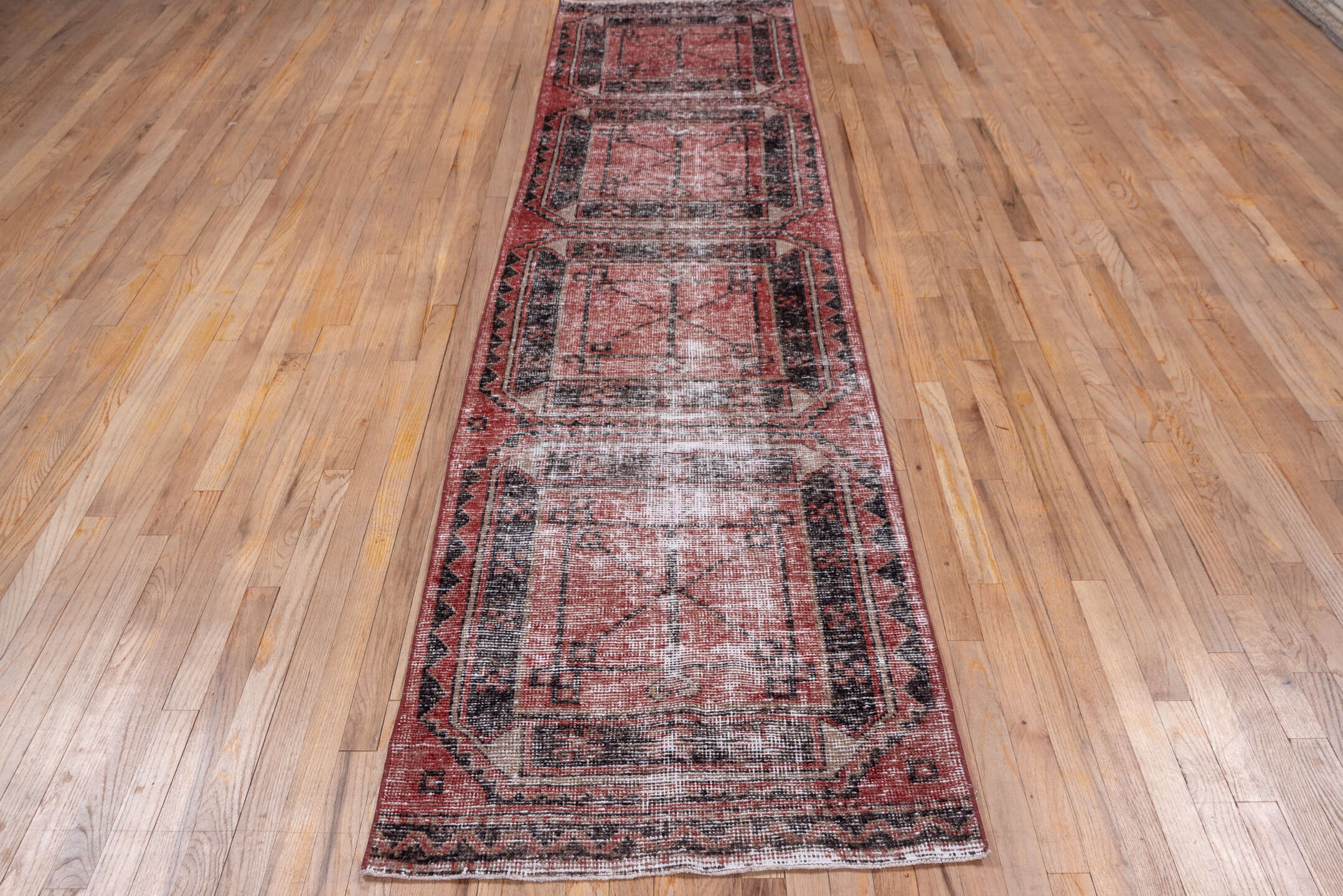 2' x 11' one-of-a-kind handmade vintage Oushak runner rug. Color palette: terra cotta, charcoal, rose, ivory, taupe