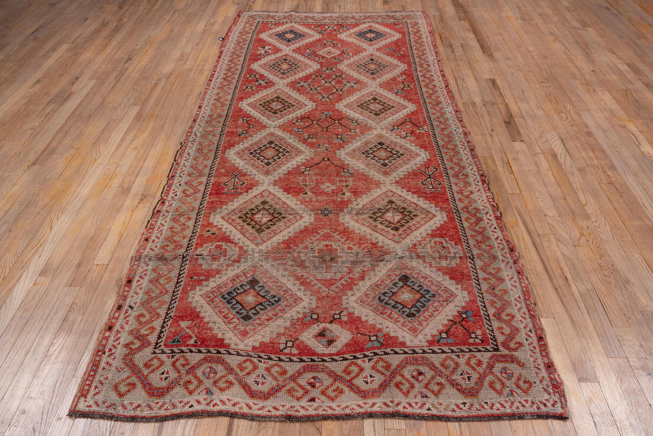 4' x 11' one-of-a-kind handmade vintage Oushak runner rug. Color palette: coral, ivory, taupe, slate, rust, charcoal, rose