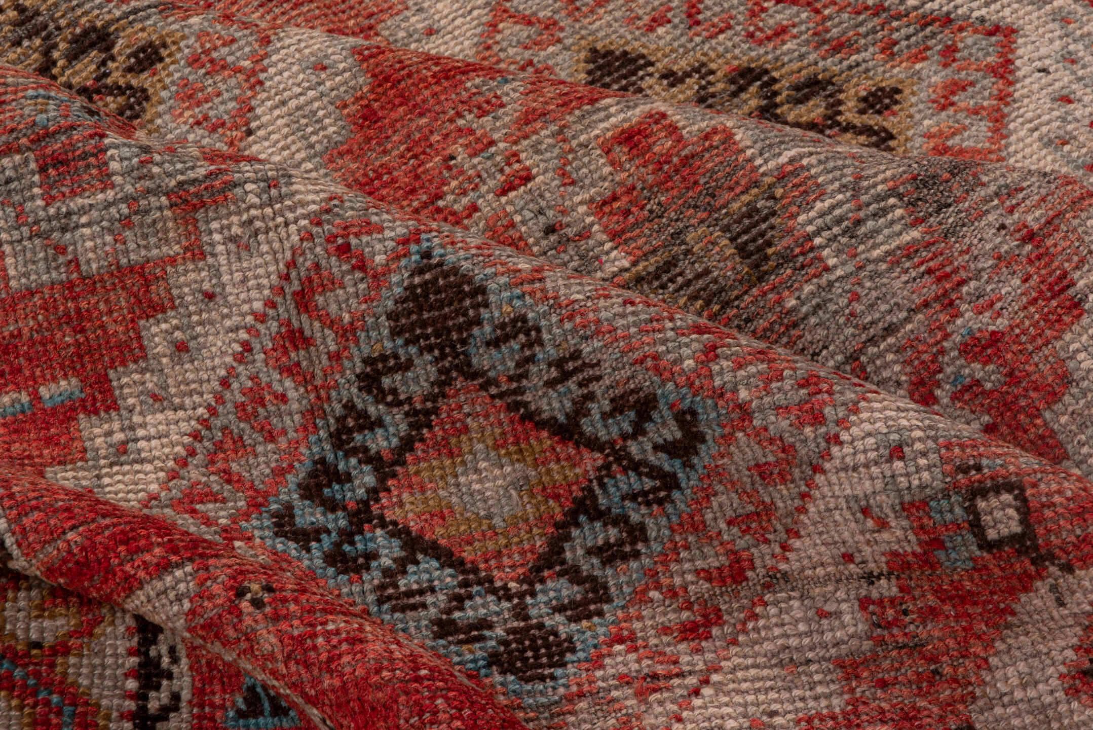 4' x 11' one-of-a-kind handmade vintage Oushak runner rug. Color palette: coral, ivory, taupe, slate, rust, charcoal, rose