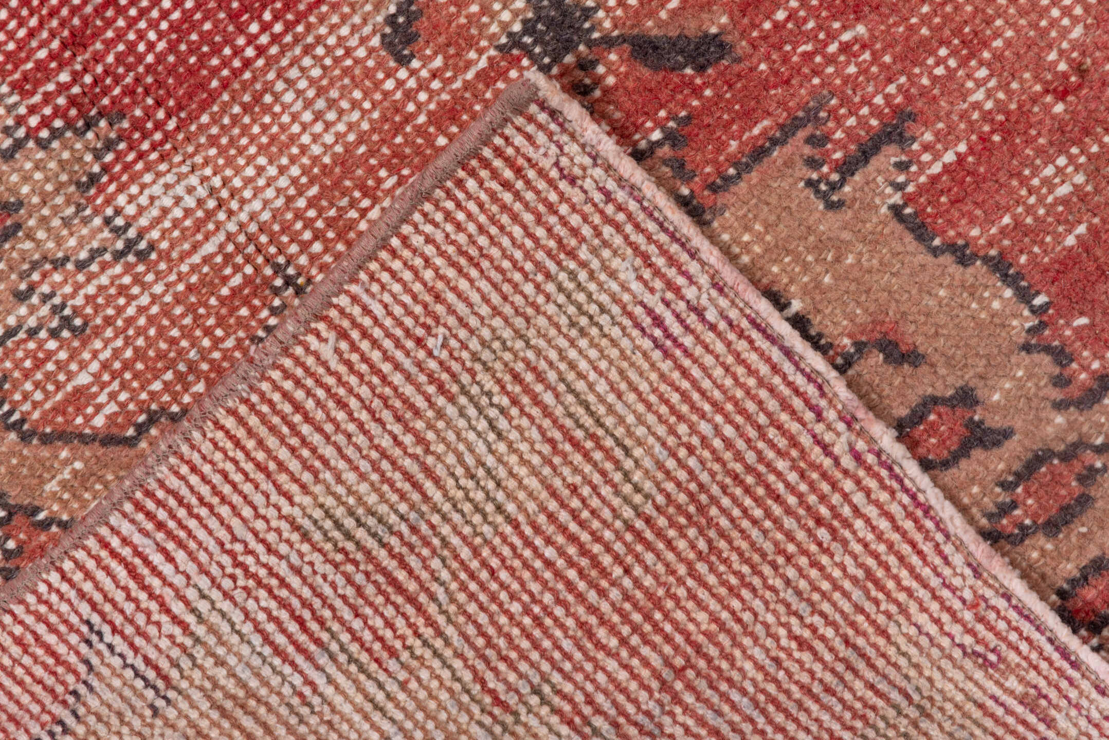 4' x 7' one-of-a-kind handmade vintage Oushak rug. Color palette: coral, ivory, rose, taupe, charcoal, terracotta, pink, red