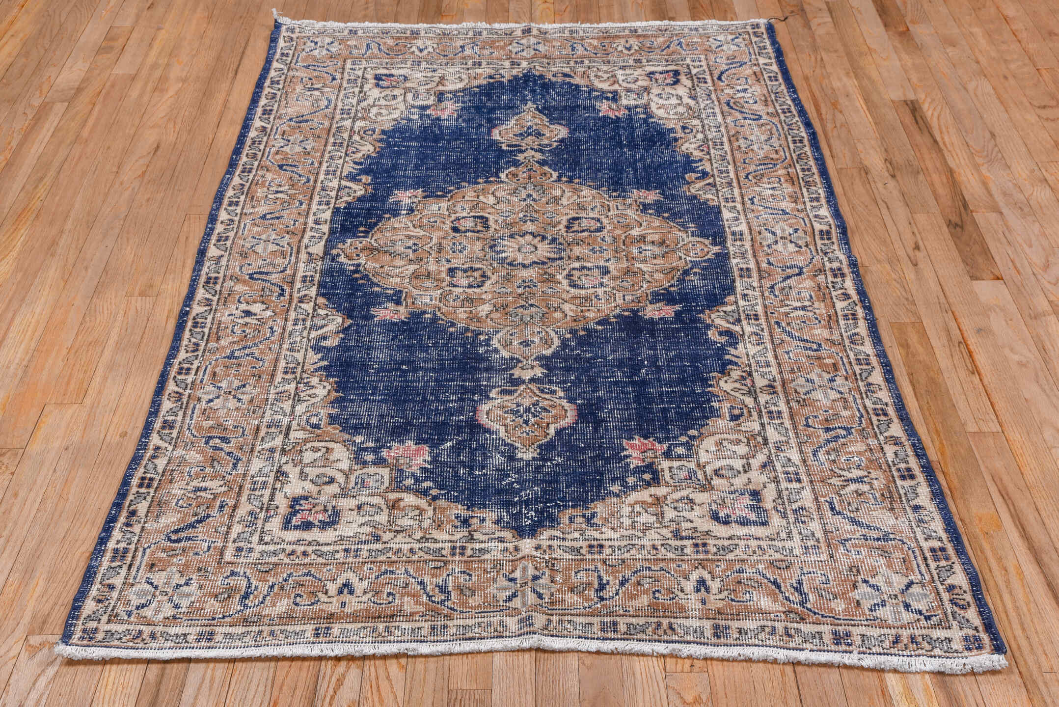 4' x 6' one-of-a-kind handmade vintage Oushak small size rug. Color palette: blue, brown, fiord, gray, light gray, off-white