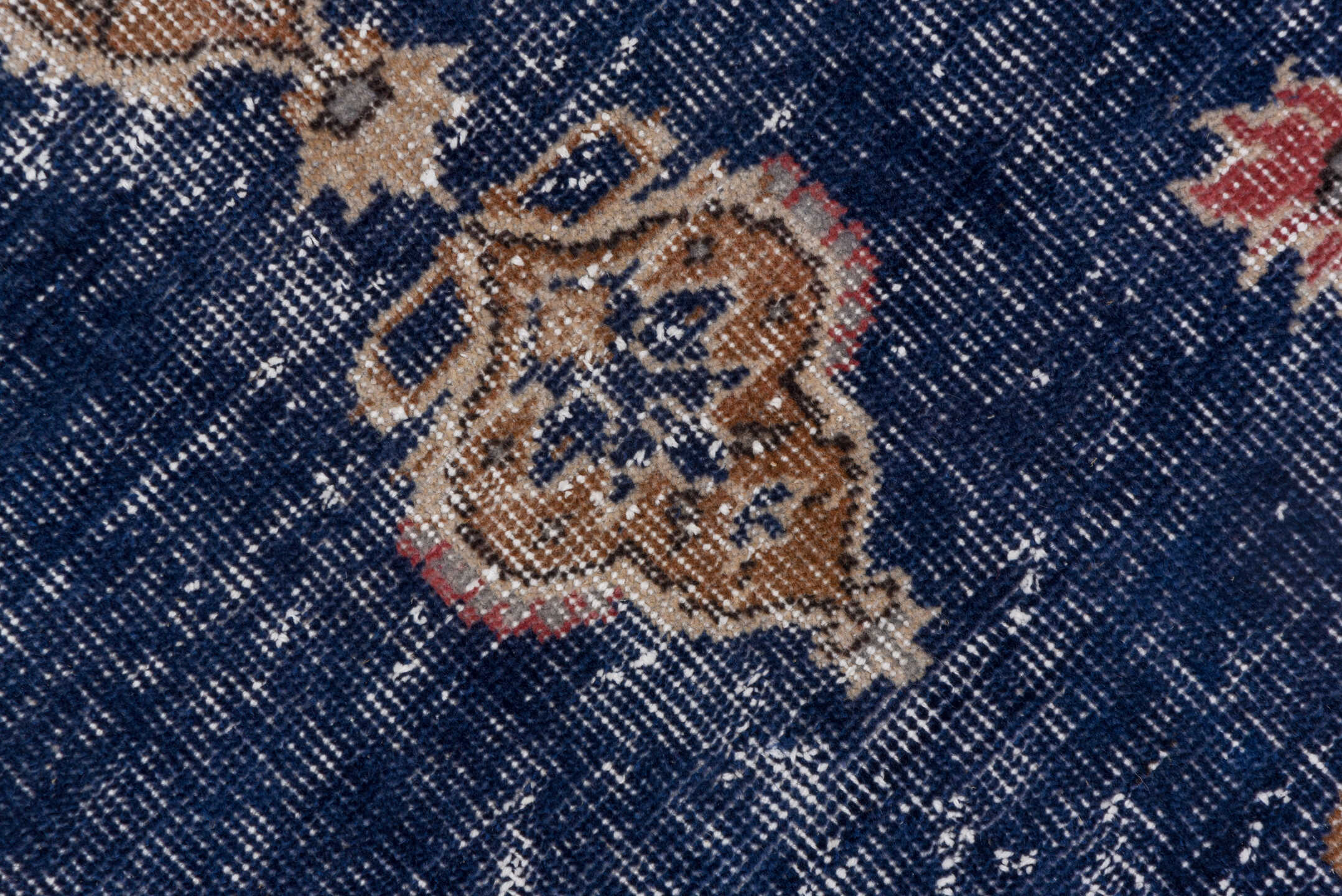4' x 6' one-of-a-kind handmade vintage Oushak small size rug. Color palette: navy, camel, ivory, taupe, dusty rose, slate