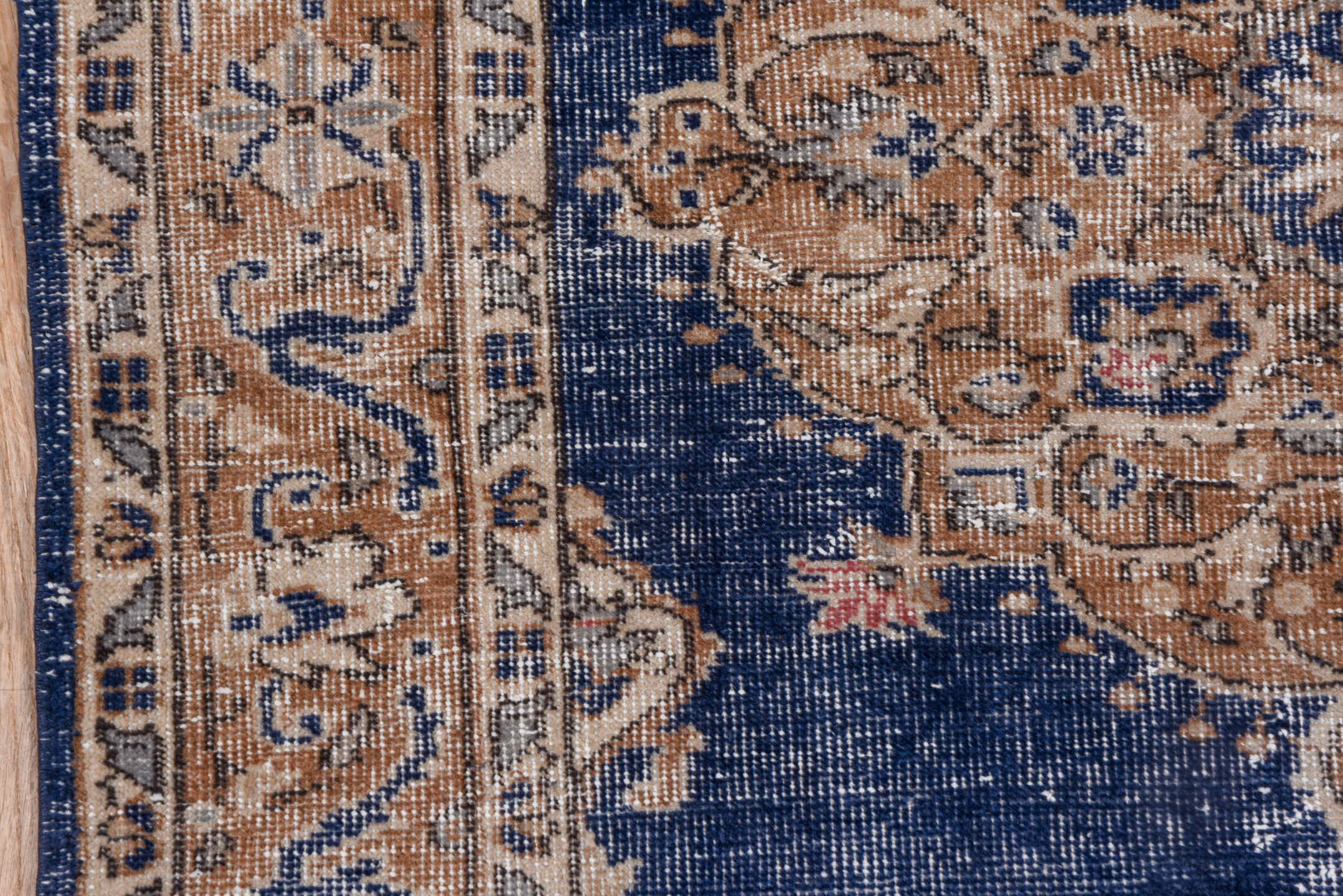 4' x 6' one-of-a-kind handmade vintage Oushak small size rug. Color palette: navy, camel, ivory, taupe, dusty rose, slate