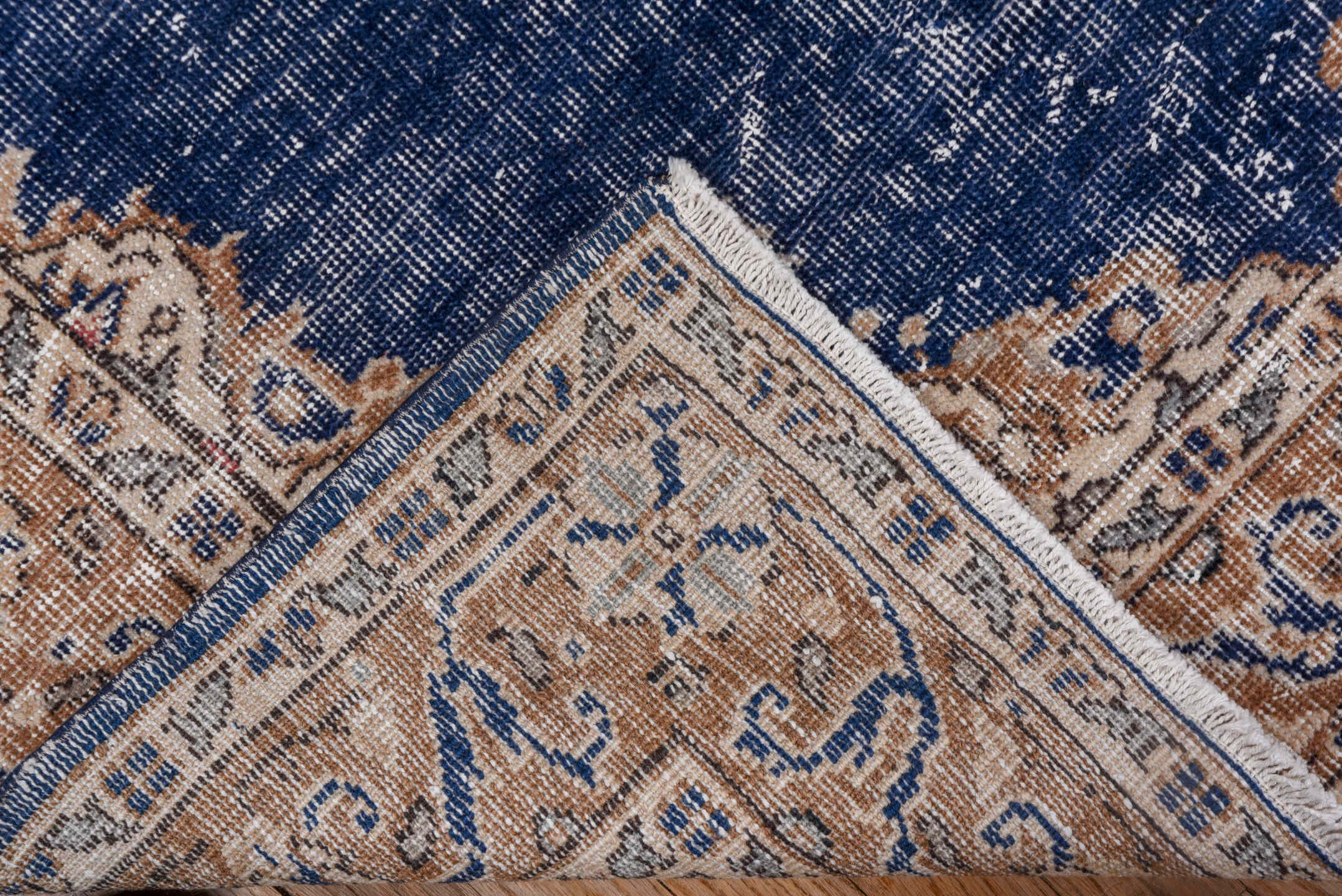 4' x 6' one-of-a-kind handmade vintage Oushak small size rug. Color palette: blue, brown, fiord, gray, light gray, off-white
