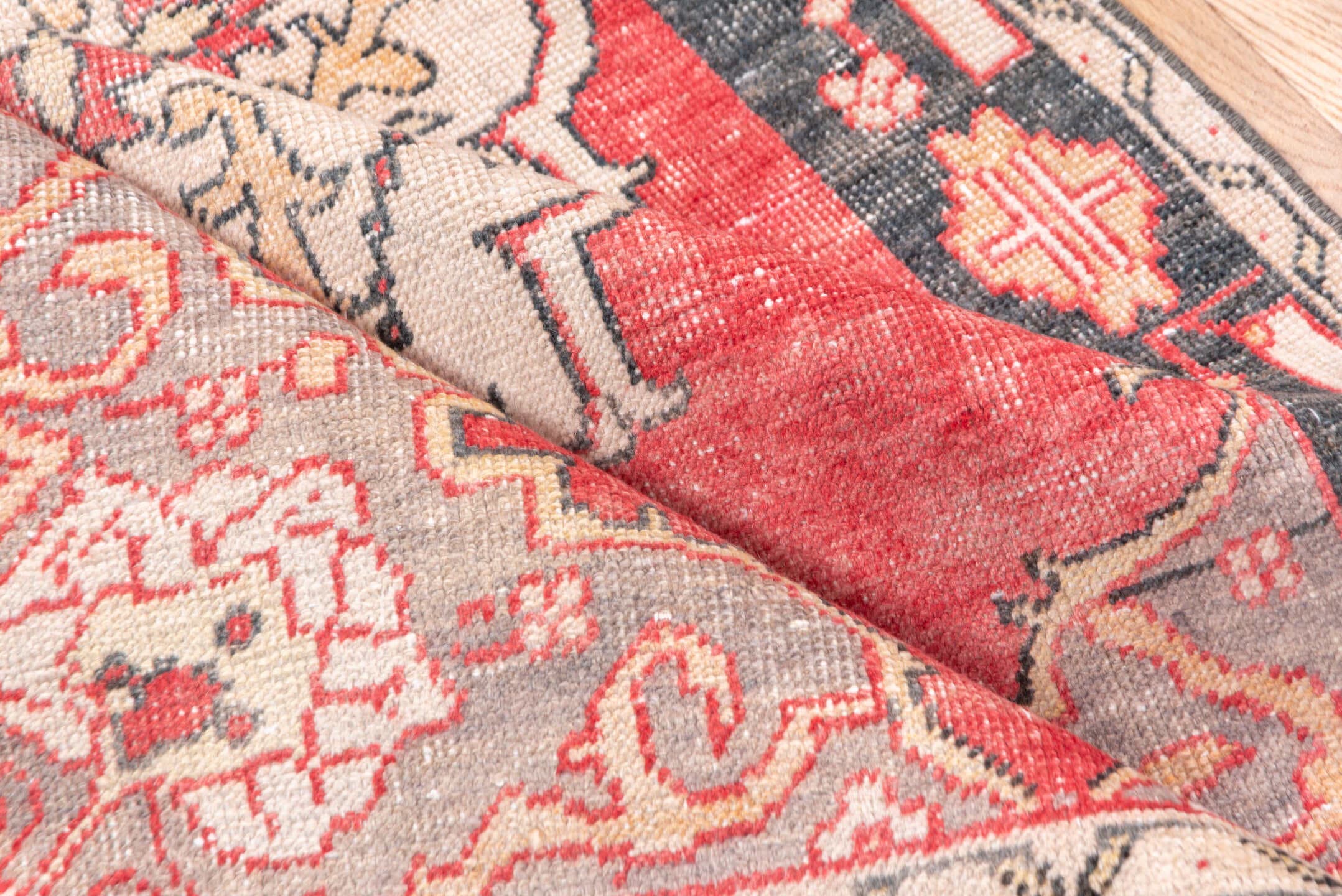 3' x 7' one-of-a-kind handmade vintage Oushak runner rug. Color palette: coral, ivory, charcoal, blush, taupe, rose