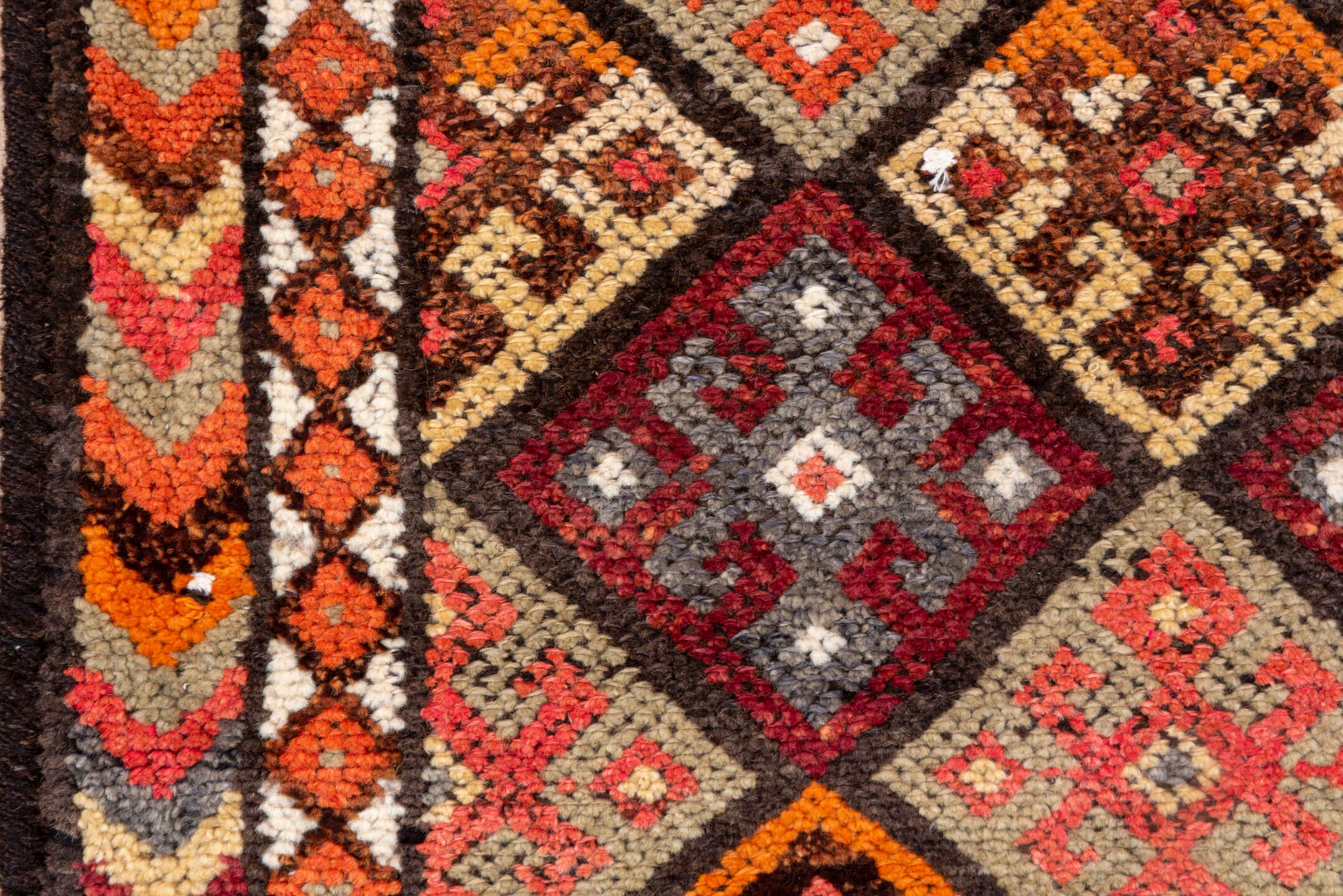 2' x 10' one-of-a-kind handmade vintage Oushak runner rug. Color palette: brown, gray, light gray, off-white, orange, pink