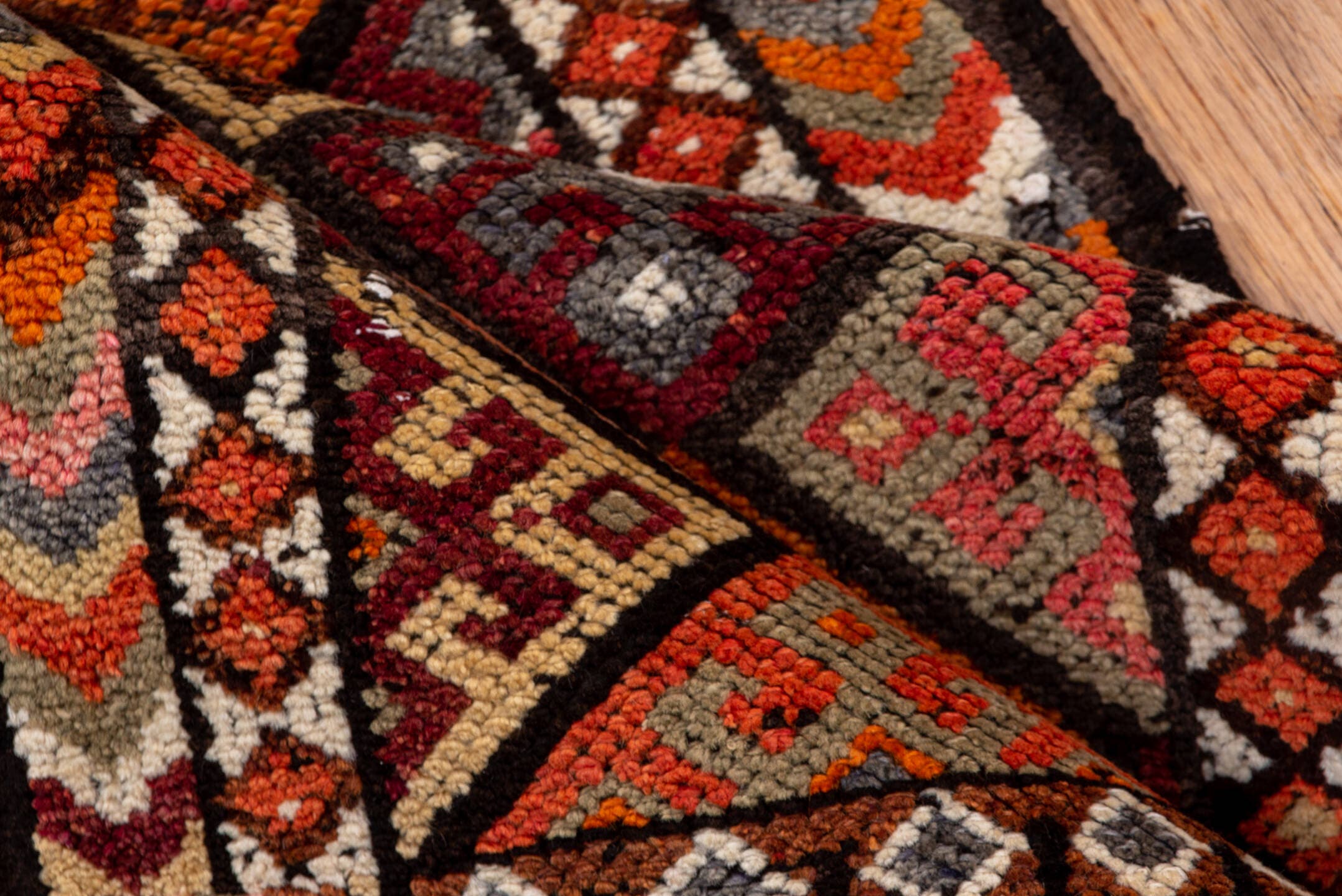 2' x 10' one-of-a-kind handmade vintage Oushak runner rug. Color palette: rust, coral, plum, ivory, charcoal, orange, rose