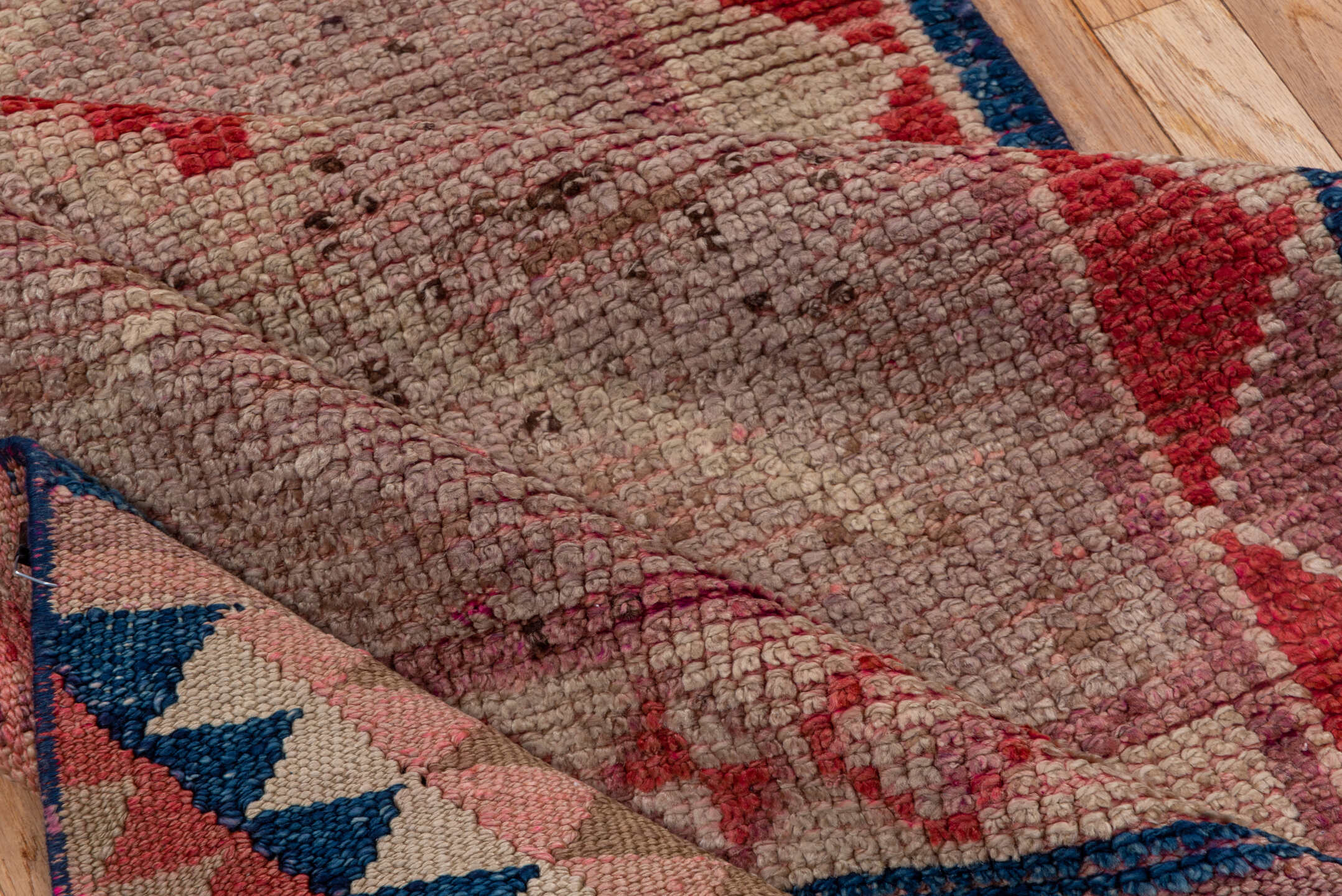 2' x 9' one-of-a-kind handmade vintage Oushak runner rug. Color palette: blue, brown, gray, pink, red