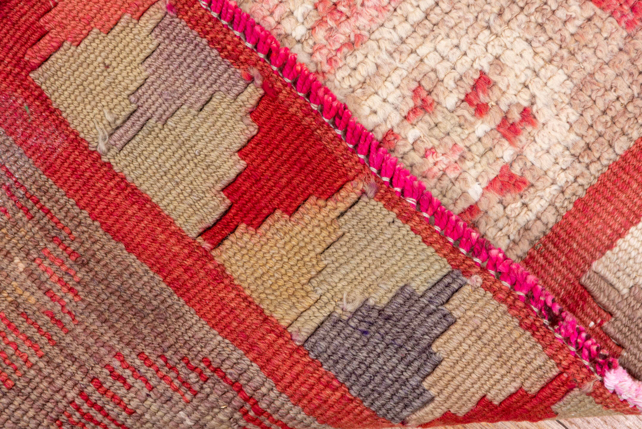 3' x 11' one-of-a-kind handmade vintage Oushak runner rug. Color palette: brown, indian red, off-white, orange, pink, red