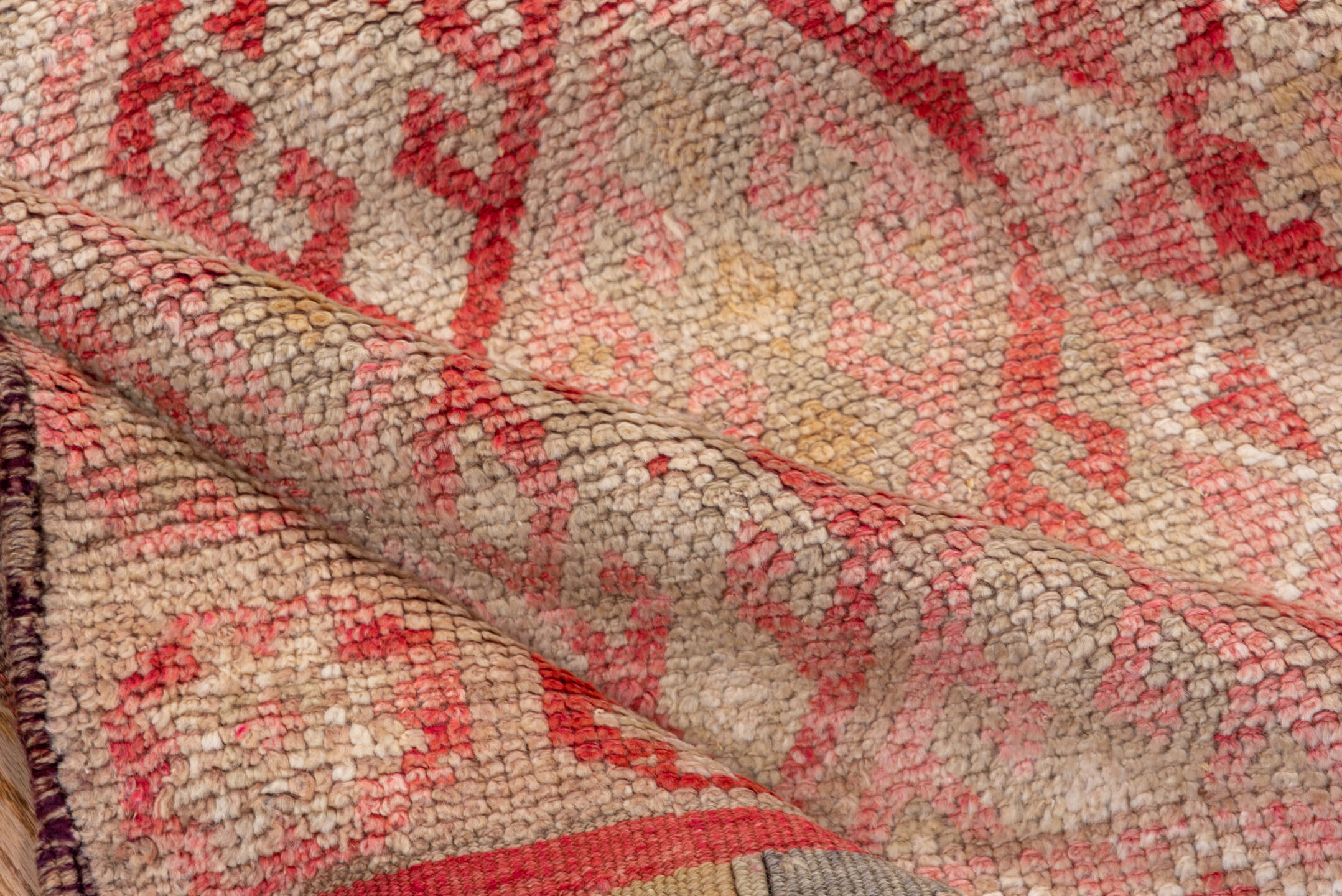 3' x 11' one-of-a-kind handmade vintage Oushak runner rug. Color palette: blush, ivory, coral, rose, taupe, camel, pink