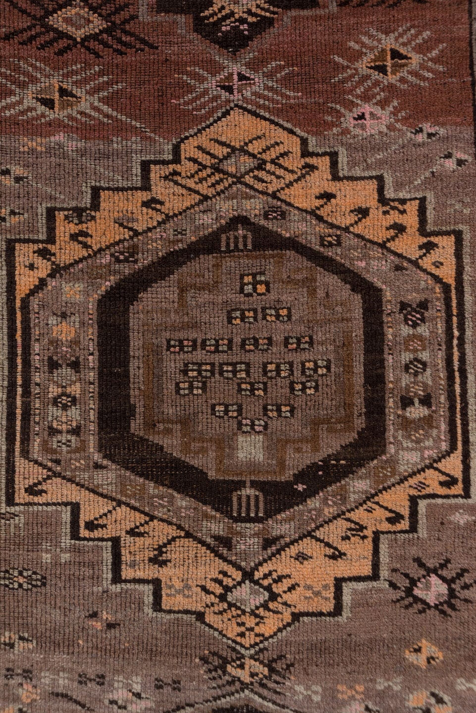 2' x 14' one-of-a-kind handmade antique Kars runner rug. Color palette: brown, rust, taupe, ivory, charcoal, slate, rose