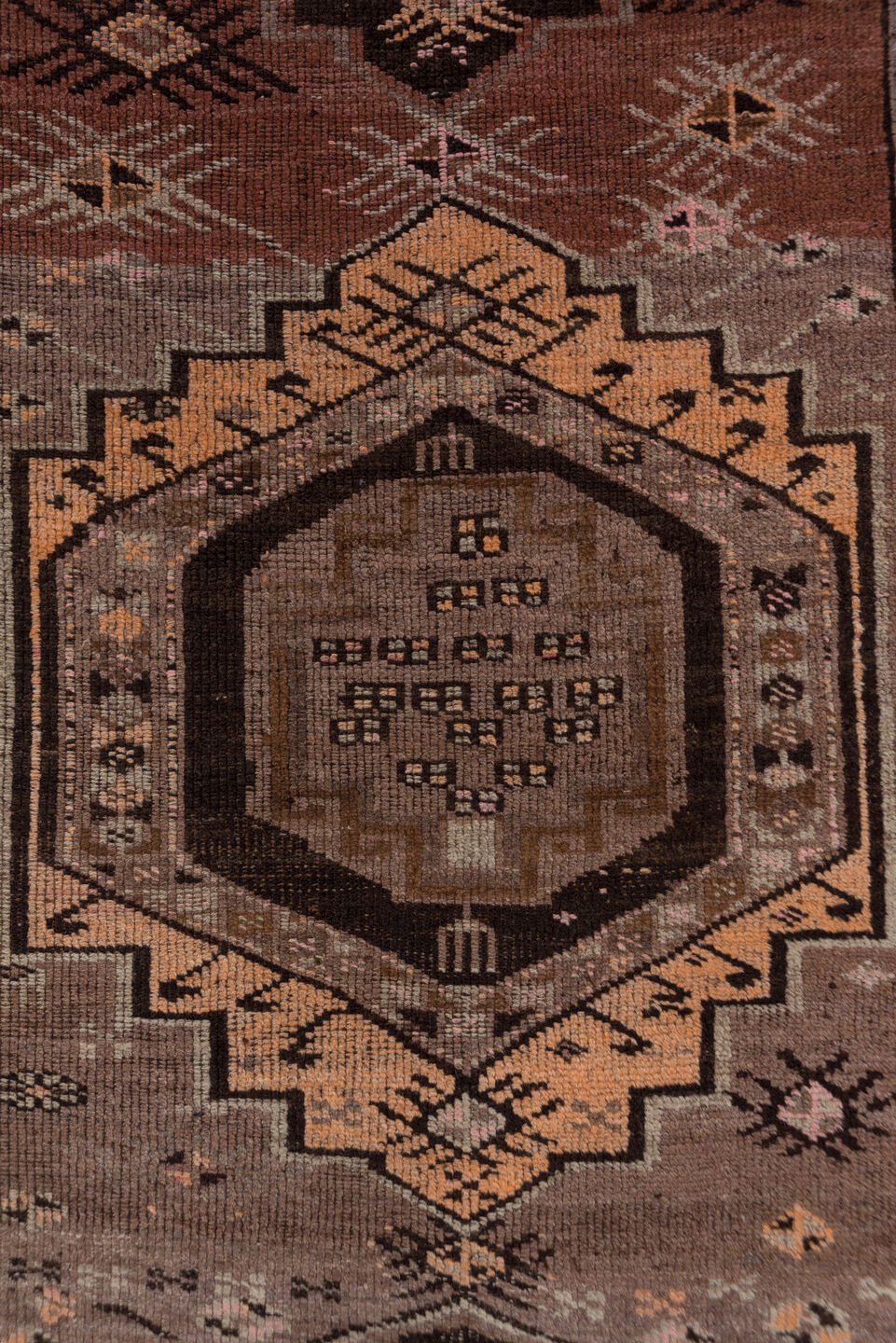 2' x 14' one-of-a-kind handmade antique Kars runner rug. Color palette: brown, rust, taupe, ivory, charcoal, slate, rose