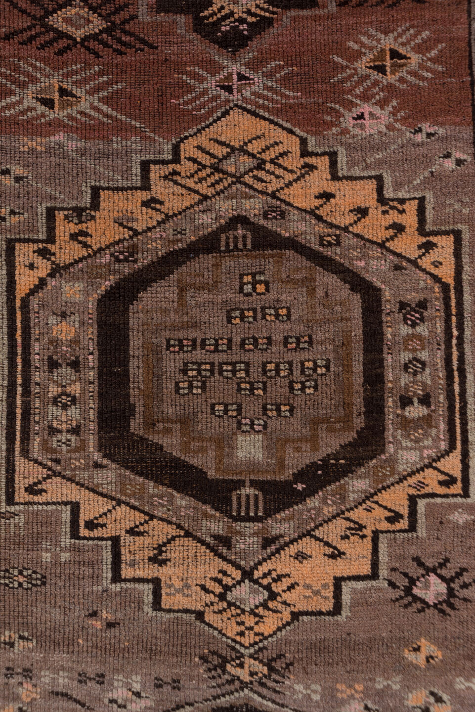 2' x 14' one-of-a-kind handmade antique Kars runner rug. Color palette: brown, rust, taupe, ivory, charcoal, slate, rose