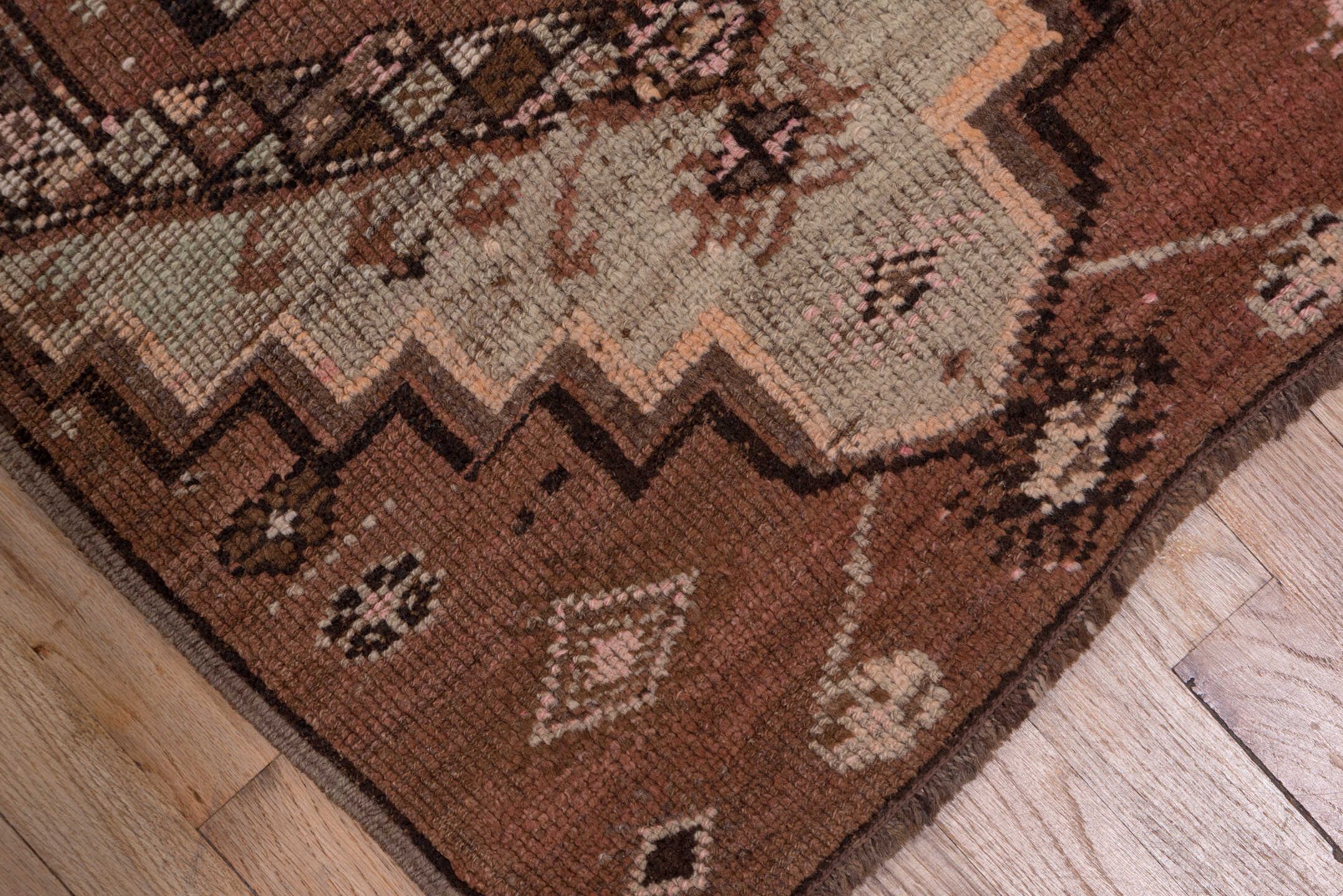 2' x 14' one-of-a-kind handmade vintage Kars runner rug. Color palette: brown, gray, off-white, pink, redwood, snow, white