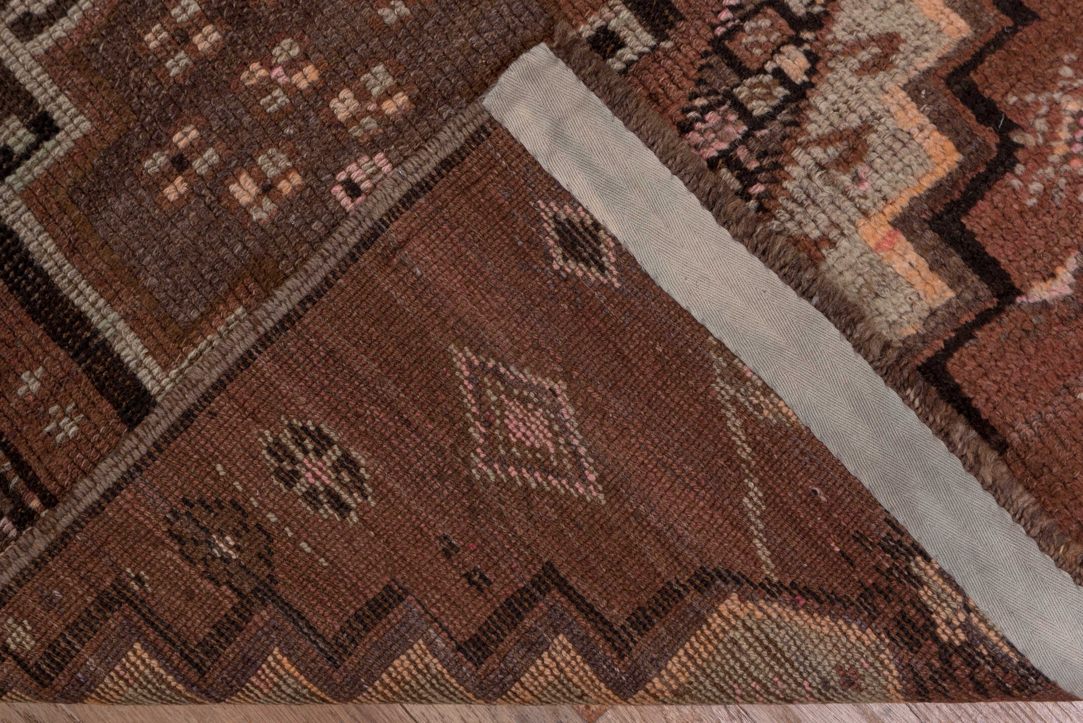 2' x 14' one-of-a-kind handmade vintage Kars runner rug. Color palette: brown, gray, off-white, pink, redwood, snow, white