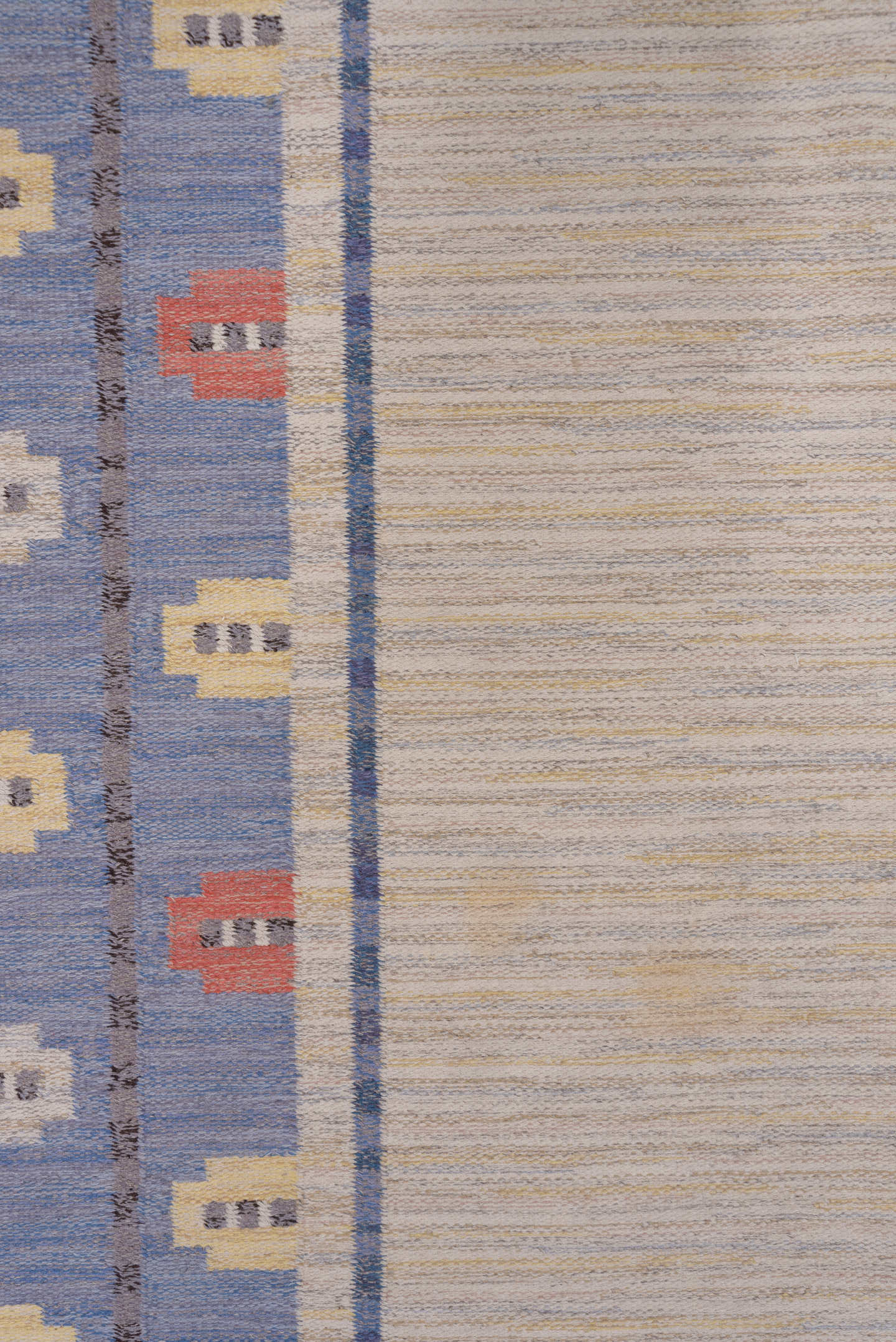 6' x 10' one-of-a-kind handmade vintage Rollaken large size rug. Color palette: ivory, slate blue, periwinkle, cream