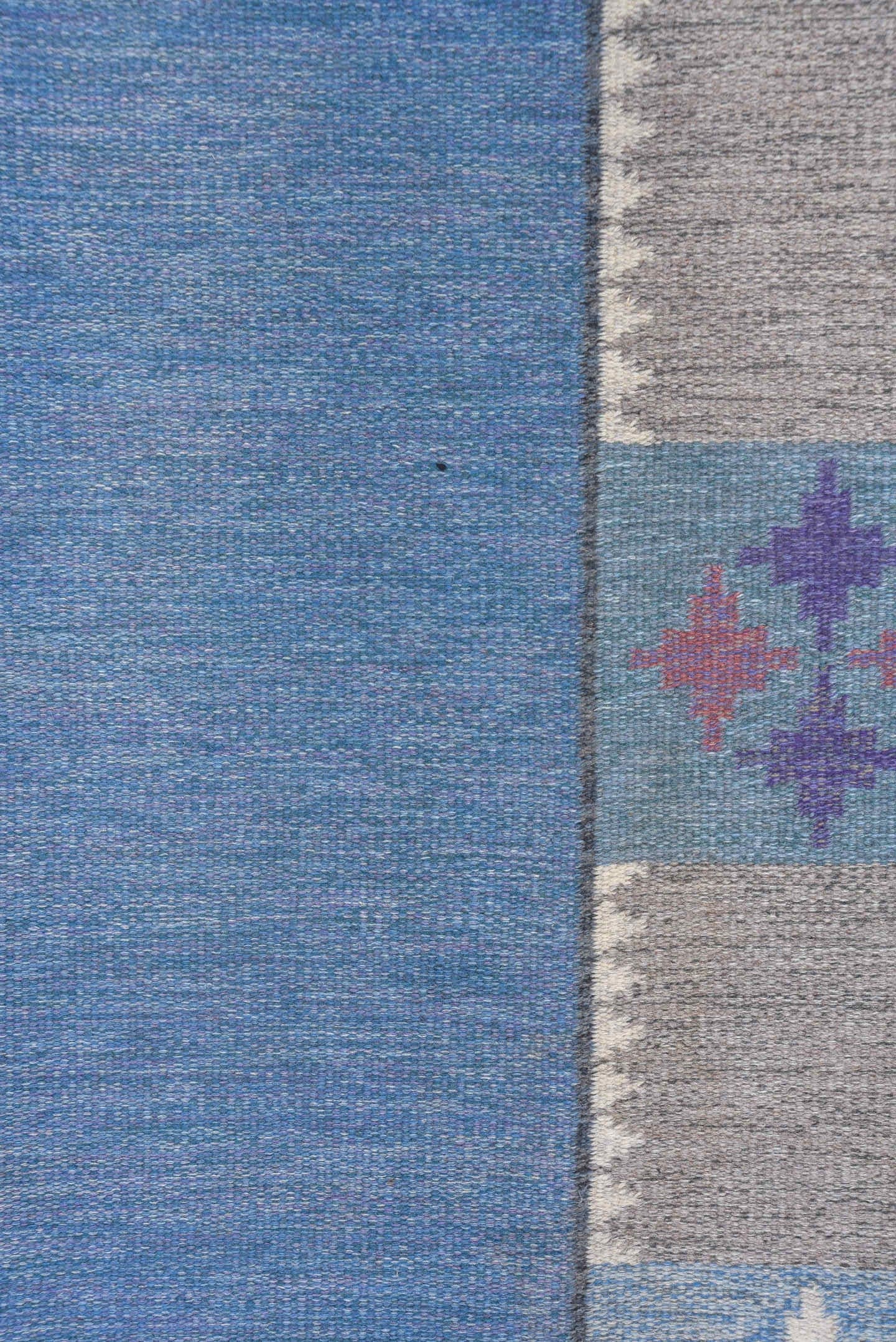 6' x 9' one-of-a-kind handmade vintage Rollaken medium size rug. Color palette: blue, ivory, taupe, lavender, rose, slate