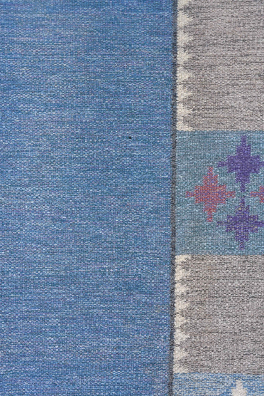 6' x 9' one-of-a-kind handmade vintage Rollaken medium size rug. Color palette: blue, ivory, taupe, lavender, rose, slate