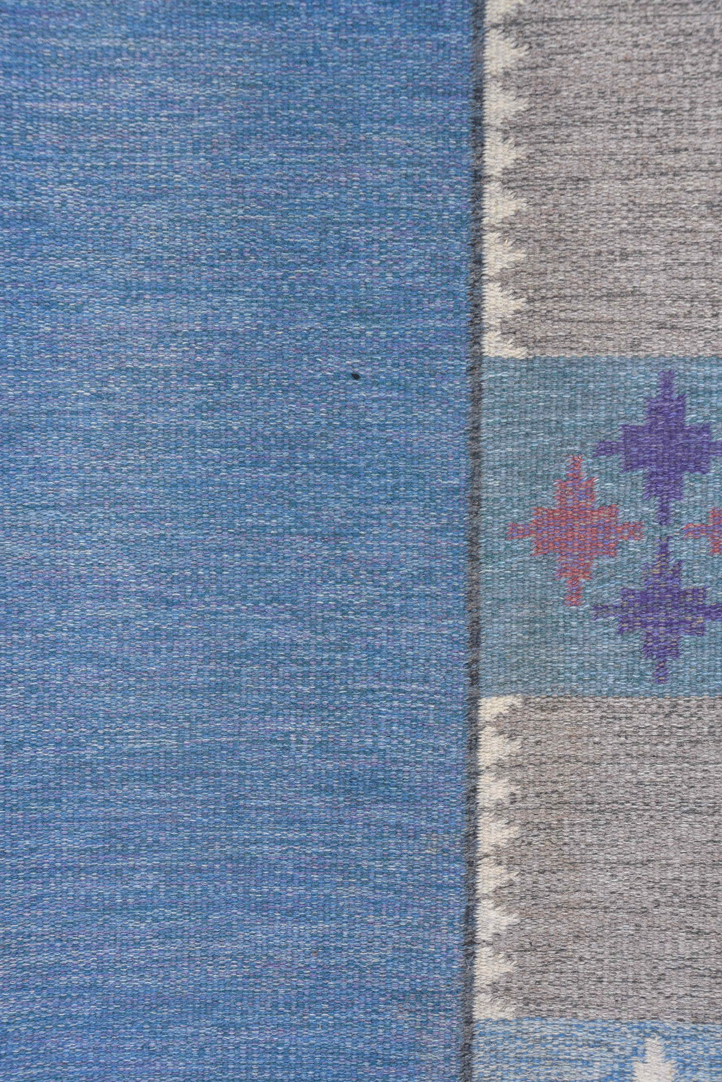 6' x 9' one-of-a-kind handmade vintage Rollaken medium size rug. Color palette: blue, ivory, taupe, lavender, rose, slate