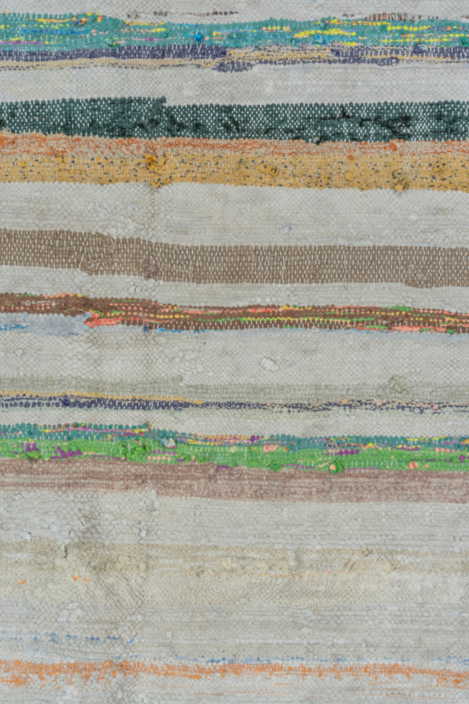 6' x 8' one-of-a-kind handmade antique Rag Rug medium size rug. Color palette: ivory, light blue, taupe, charcoal, saffron