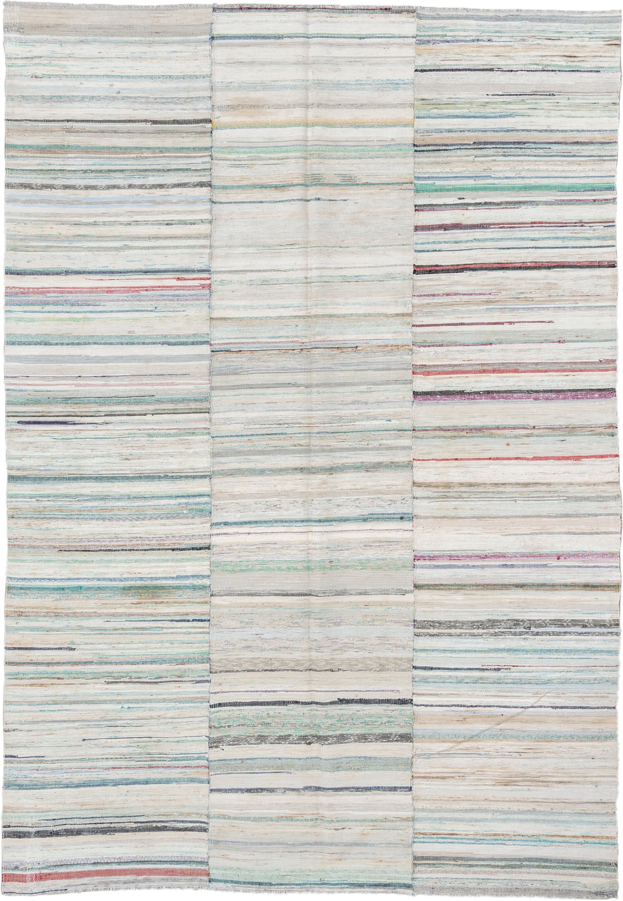 6' x 9' one-of-a-kind handmade antique Rag Rug medium size rug. Color palette: ivory, aqua, pale blue, charcoal, slate, rose