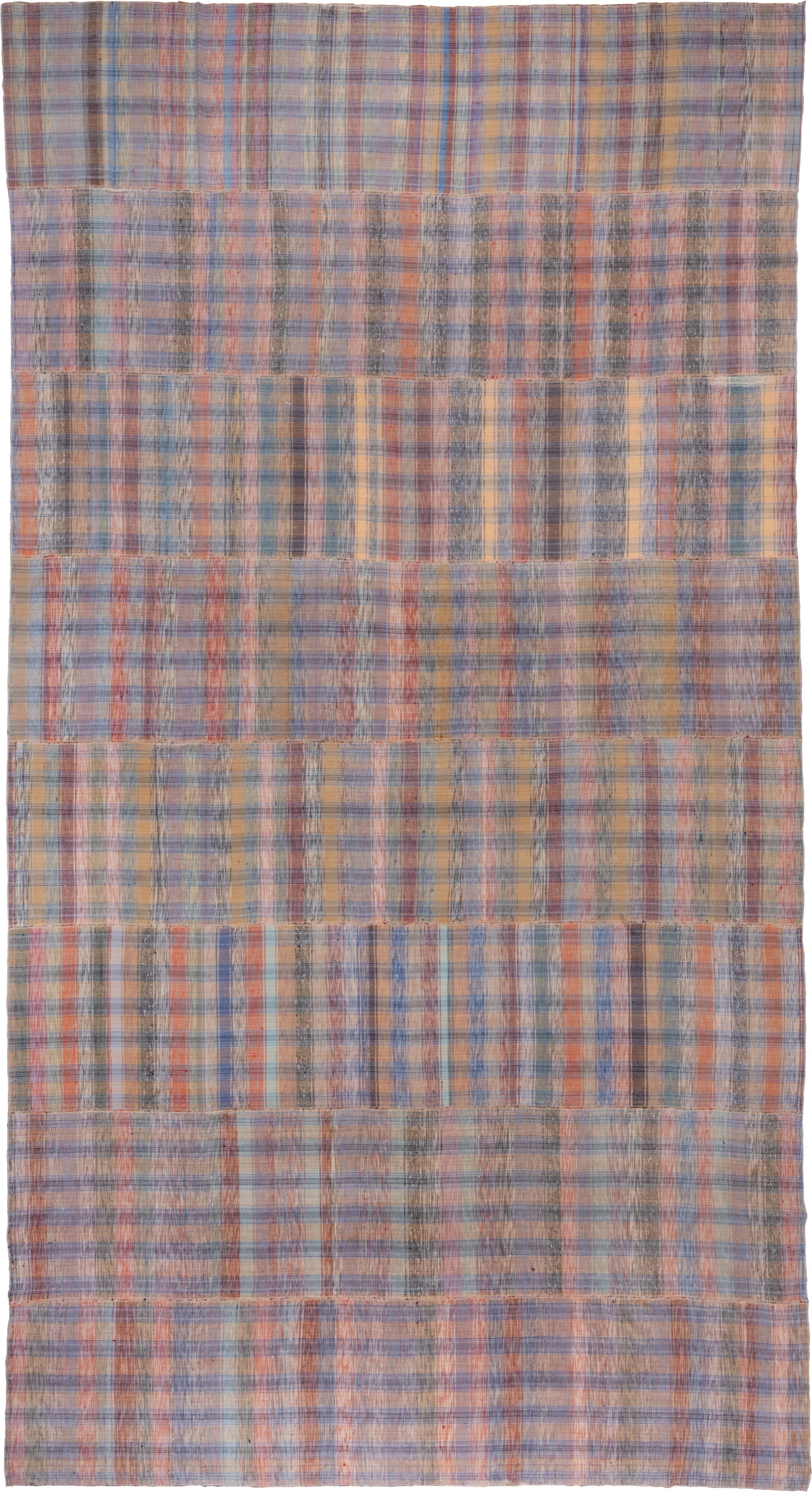11' x 20' one-of-a-kind handmade vintage Rag Rug oversize rug. Color palette: taupe, blue, rose, peach, gray, ivory, rust