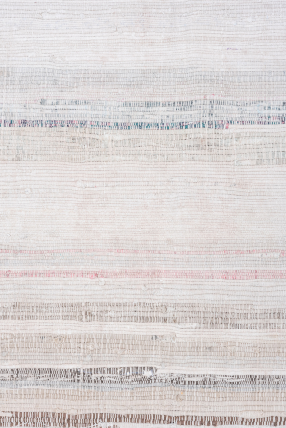 6' x 9' one-of-a-kind handmade vintage Rag Rug medium size rug. Color palette: ivory, cream, taupe, gray, pale blue, beige