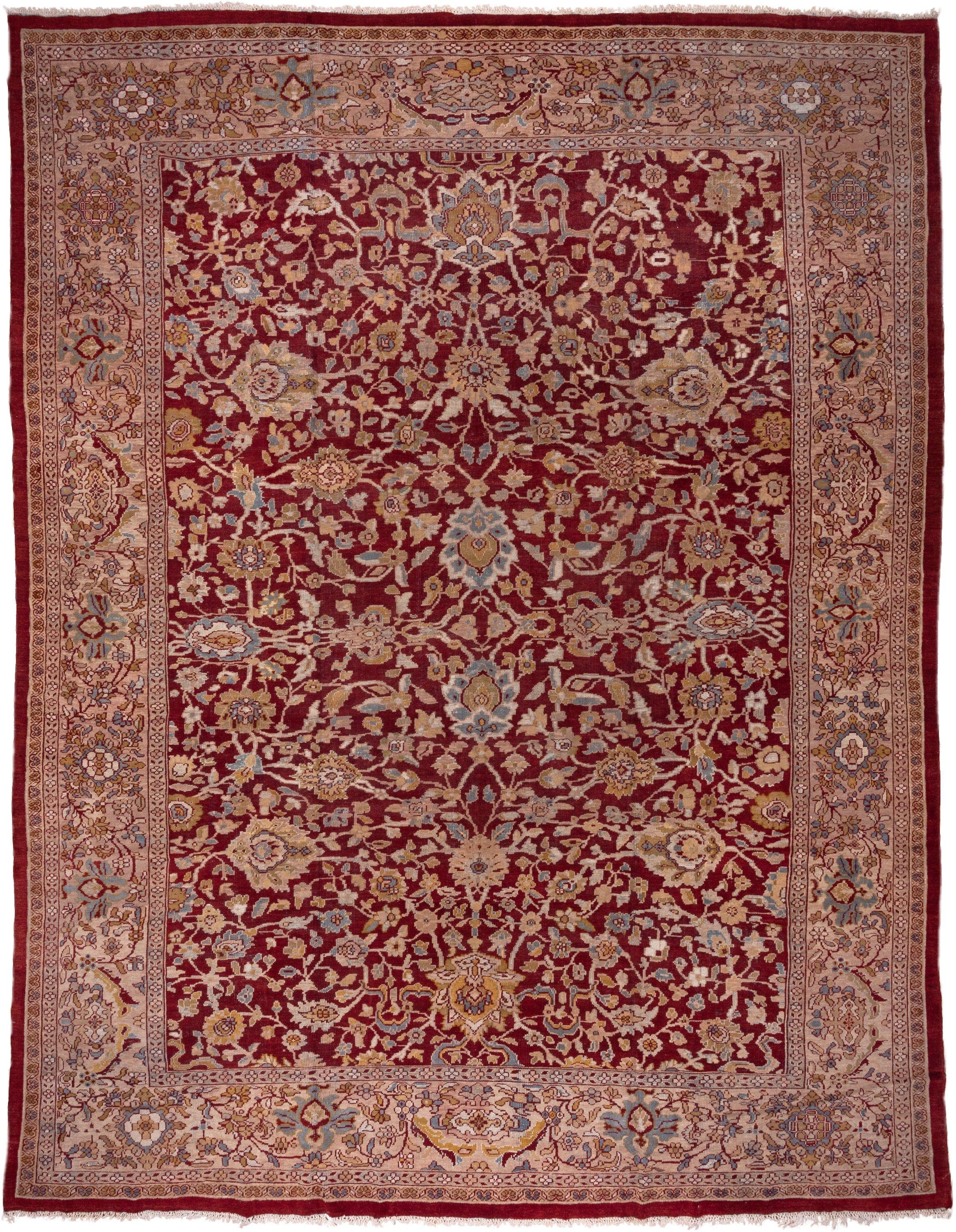 13' x 17' one-of-a-kind handmade antique Sultanabad oversize rug. Color palette: burgundy, ivory, camel, gold, powder_blue