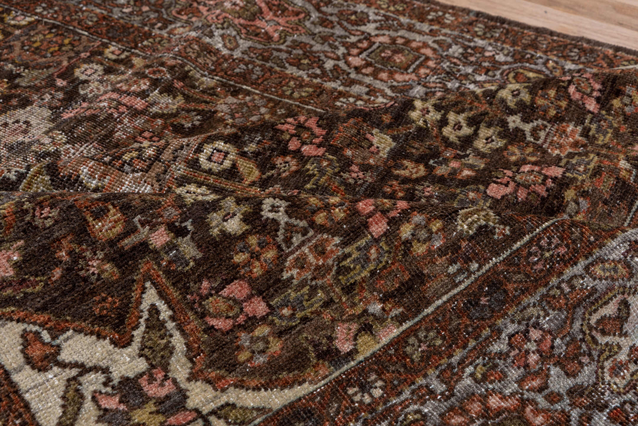 4' x 6' one-of-a-kind handmade antique Far.Sarouk small size rug. Color palette: brown, ivory, rust, slate, rose, gold